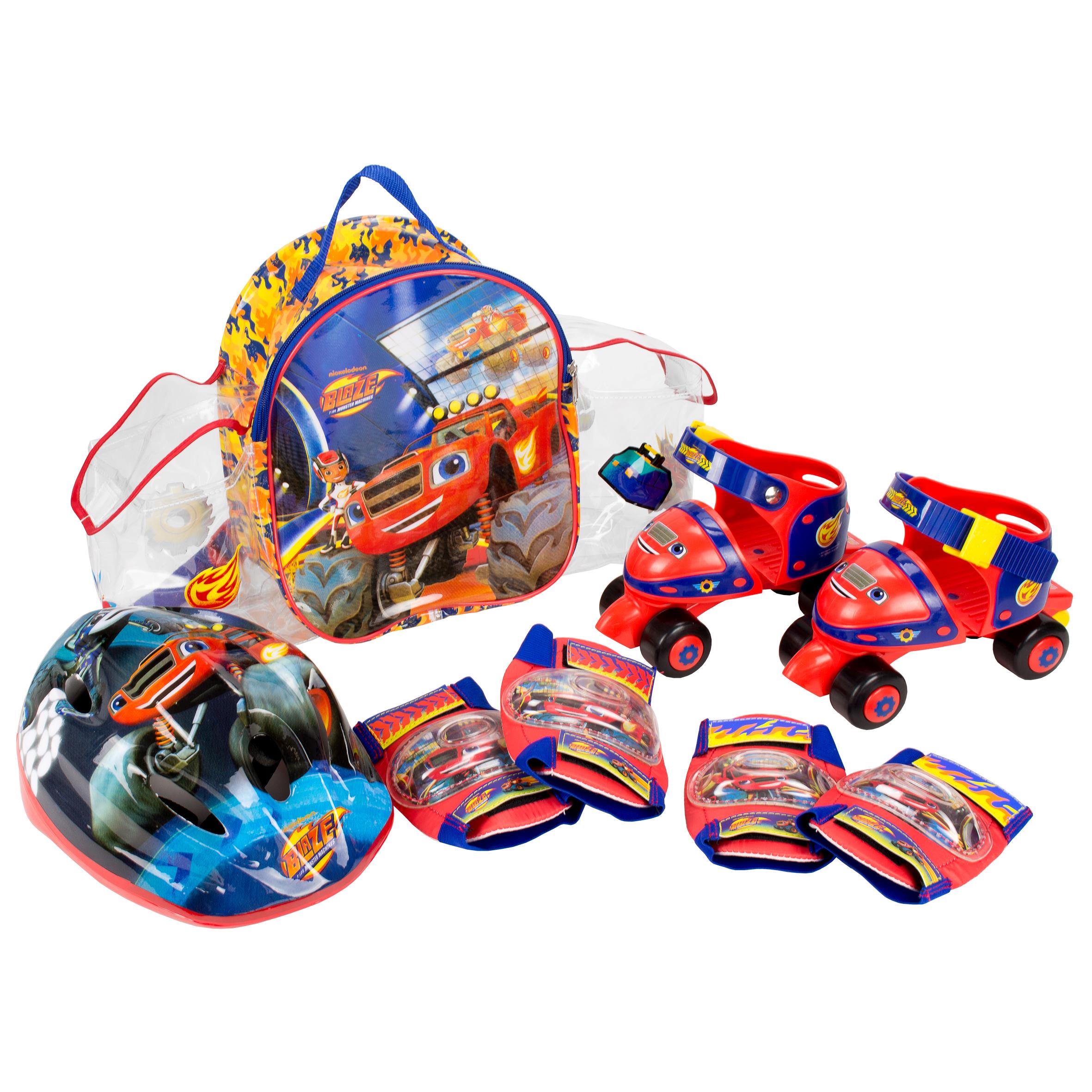 Mochila de Patines Infantiles Roller de 4 ruedas,Casco y Protecciones,con diseños de Blaze and the Monster Machines (2139)Patines tallas ajustables 24-29. Compuesto por rodilleras y coderas. Set completo y seguro. De acuerdo a la normativa CE. +3 años