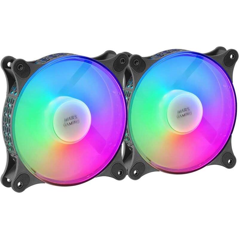Mars gaming kit de 2 espectaculares ventiladores frgb rainbow 360º - 120x120x25mm - iluminacion 360º frgb rainbow - ventilacion superior y silenciosa - conexion 3pin+4pin - color negro