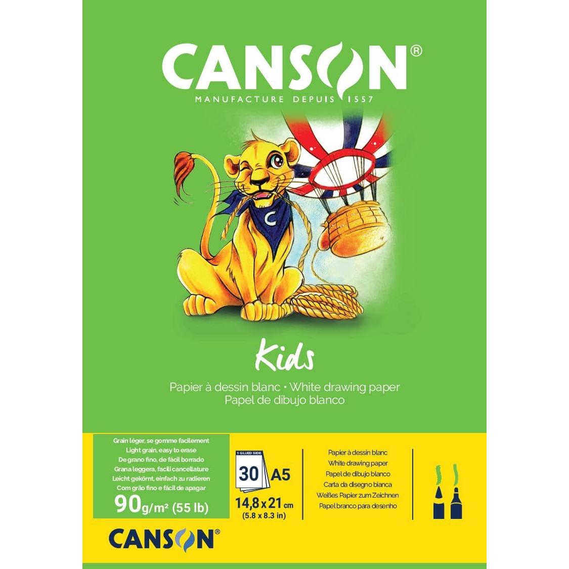 Canson Kids, Papel de dibujo blanco, Grano ligero, 90g, Encolados por el lado corto, A5-14,8x21cm, Blanco, 30 Hojas