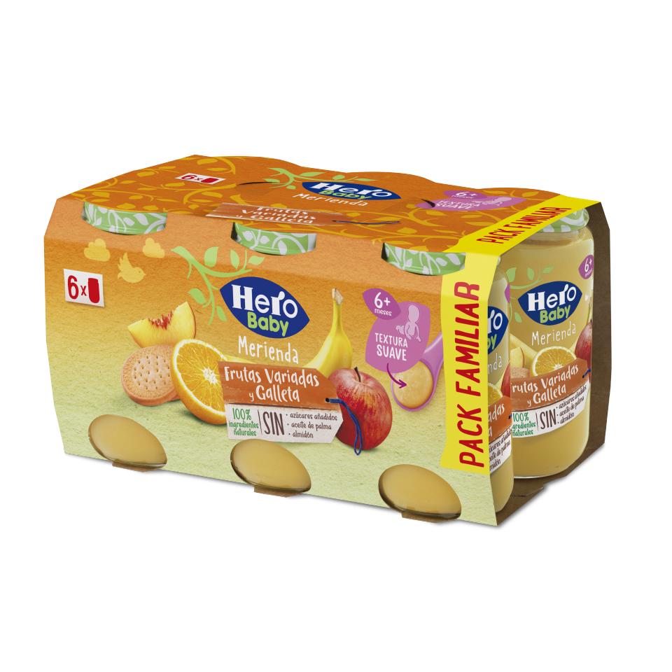 Hero - Hero Baby Merienda Tarritos de frutas variadas y galleta Pack de 6x190gr. Para niños a partir de los 6 meses.