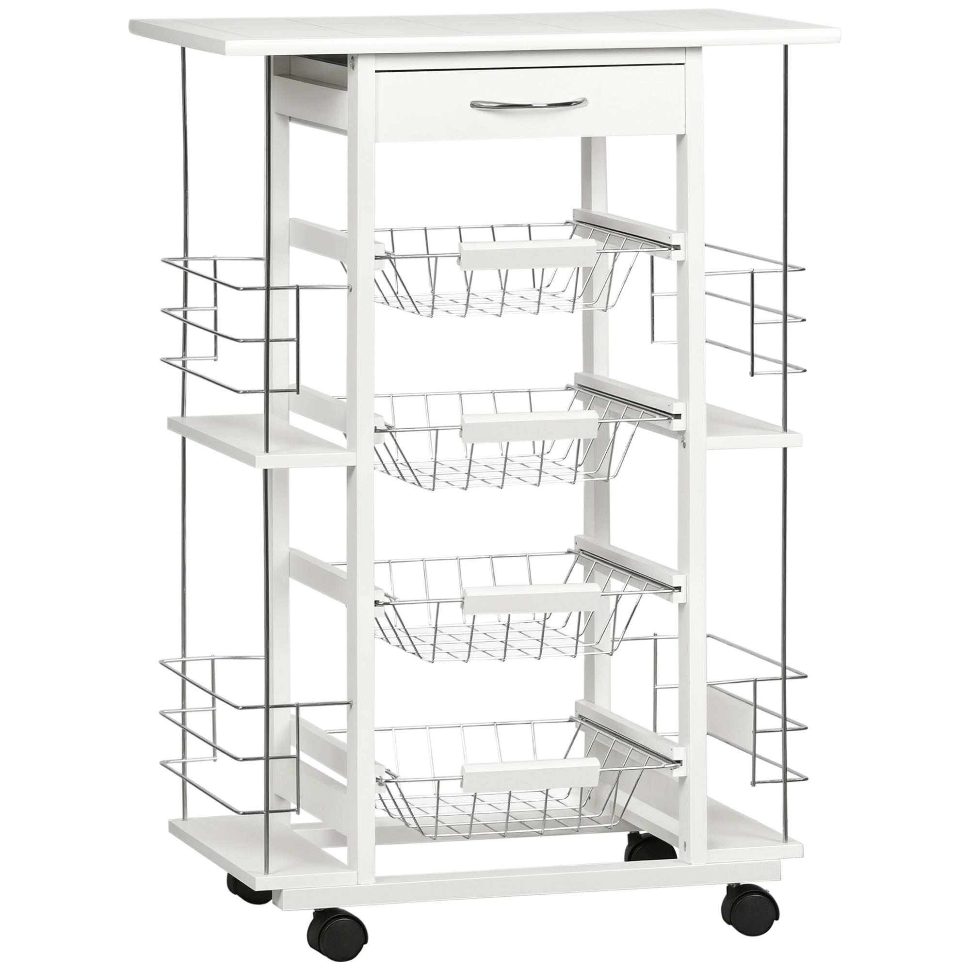 HOMCOM Carrito de Cocina con Ruedas Carrito Verdulero con Encimera Baldosado Cajón 4 Cestas de Metal y 4 Especieros Laterales para Comedor 57x37x83 cm Blanco