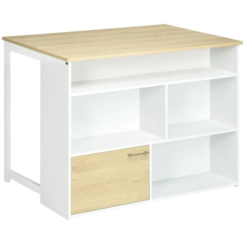 Isla de cocina Colina Homcom con ala abatible 4 compartimentos + armario blanco/natural 91x116x79,5 cm