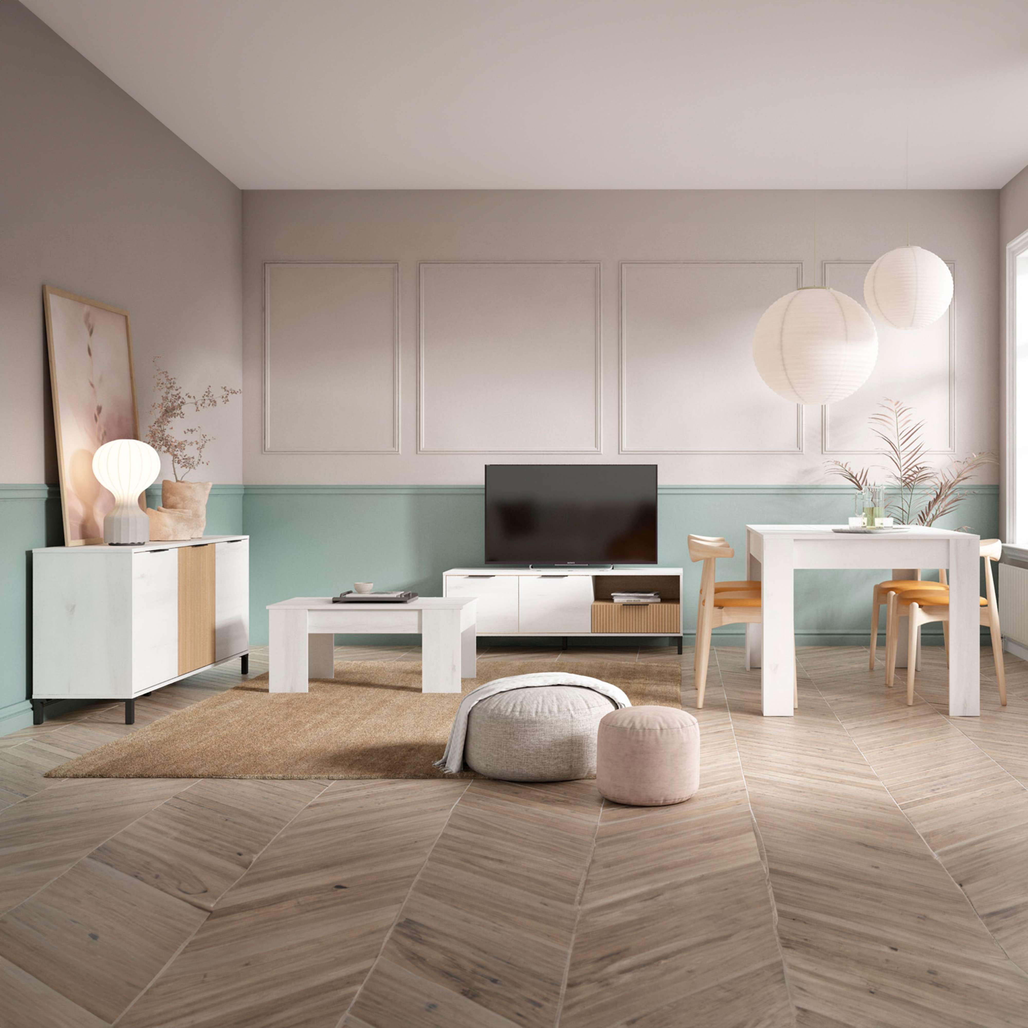 Miroytengo Pack de Muebles de Salón Tokio Estilo Nórdico en Color Blanco Albo y Roble Rayado (Aparador, Mesa de Comedor, Mesa de Centro y Mueble de TV)