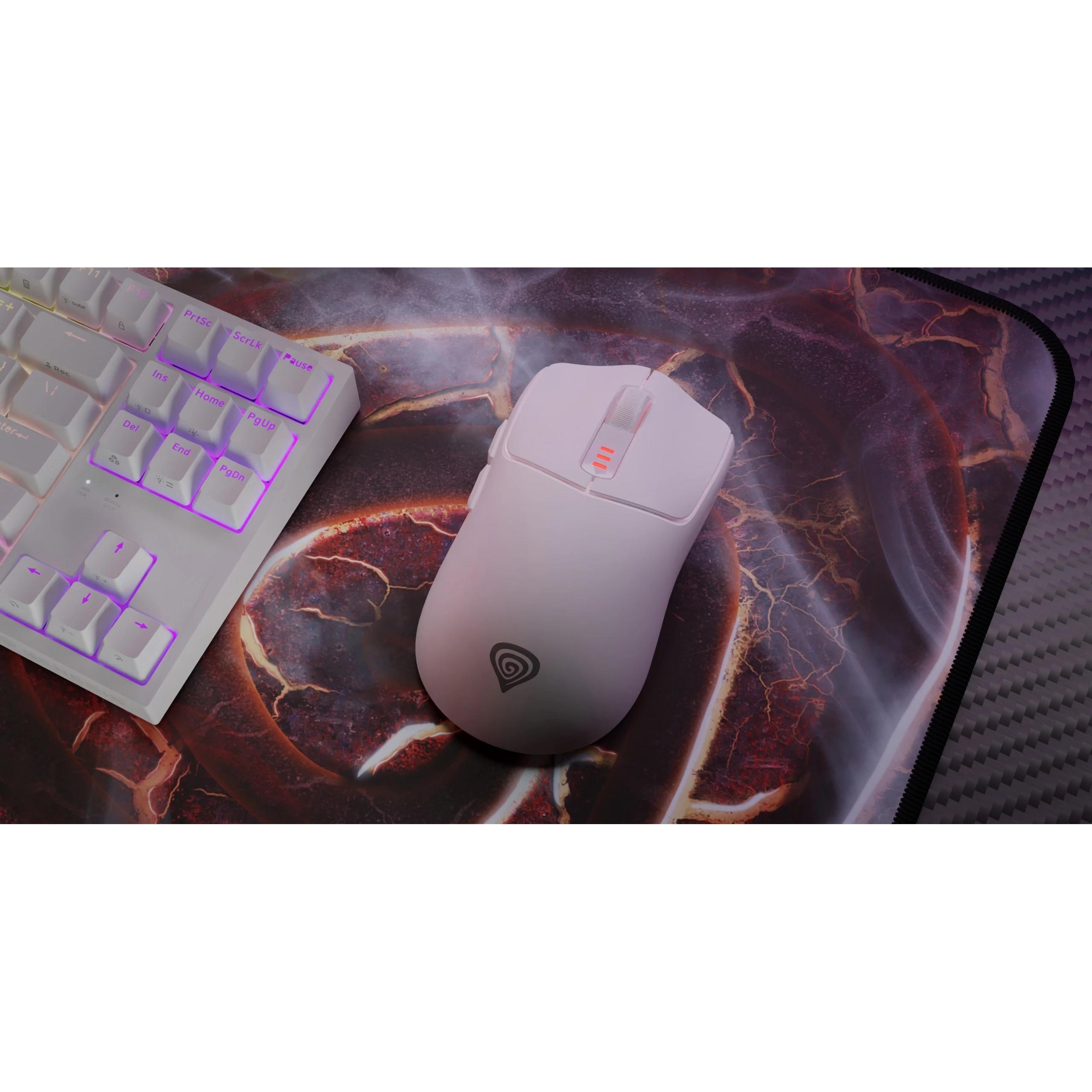 Genesis - Ratón gaming Zircon 500 con sensor óptico PMW3325 (200–10000 DPI), ergonómico para diestros, blanco, 79 g, 6 botones programables y conexión triple (2,4 GHz/Bluetooth/USB-C)