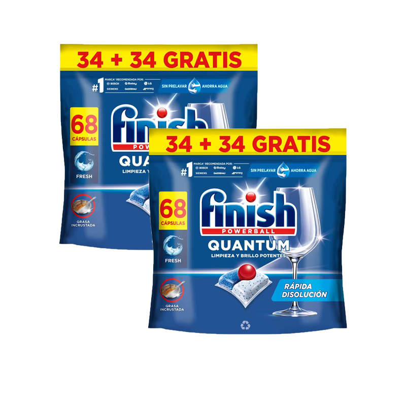 Finish Powerball Quantum – 136 o 340 Pastillas para Lavavajillas, Limpieza y Brillo Potentes, Aroma Regular, Formato 2x68 y 5x68 Lavados