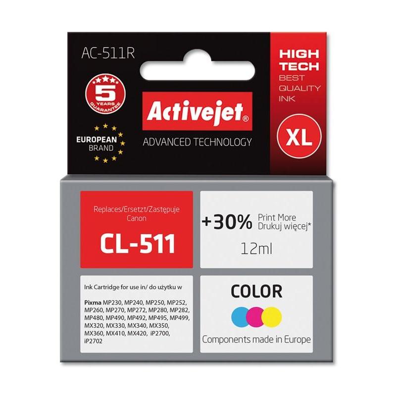 Activejet Refillable Ink Cartridge for Canon CL-511, High Yield XL, 12ml, Magenta, Cyan, Yellow, compatible with Canon PIXMA series, certified ISO 9001 and 14001.