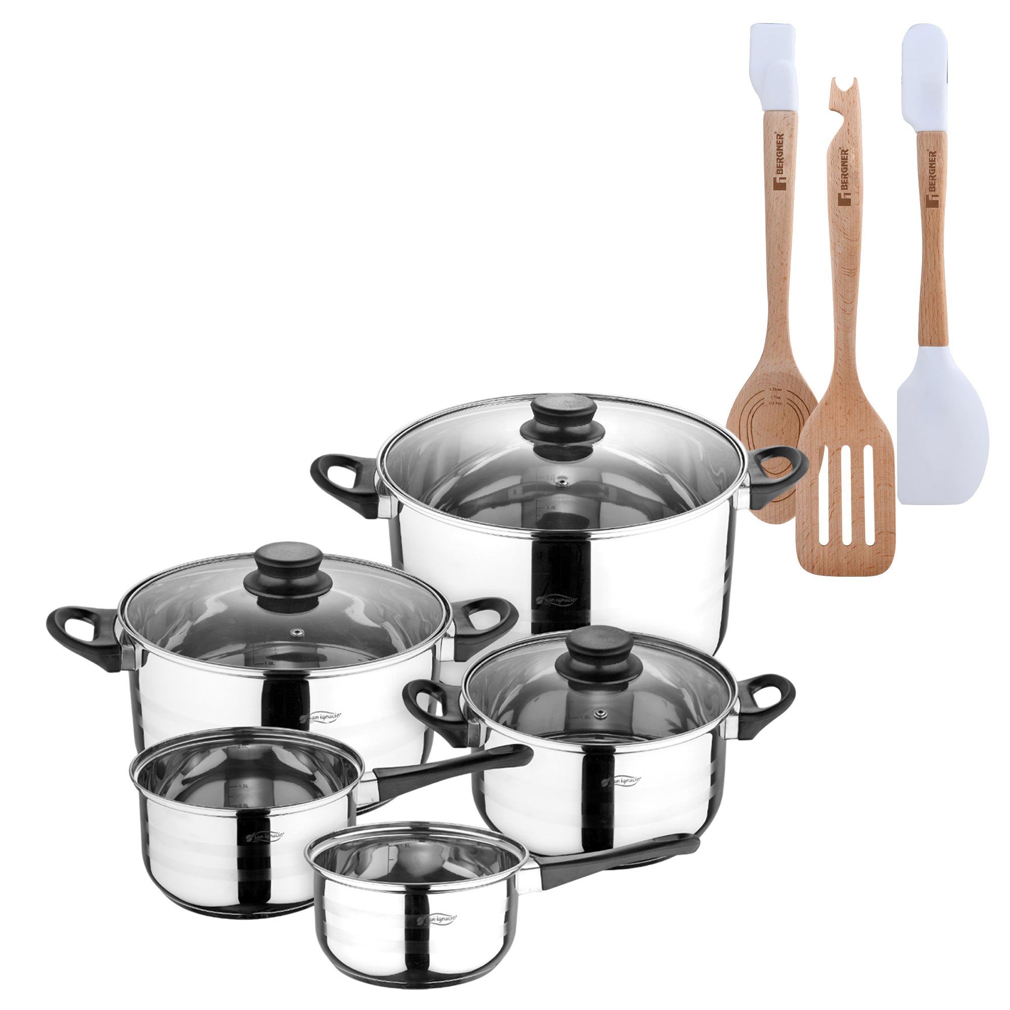 Batería de cocina de ocho piezas San Ignacio+  Delantal de Cocina Gris oscuro 100% Algodón 75x80cm de talla única SMART MasterPRO
