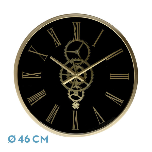 Reloj de pared DUQUE negro oro 46x46x7 cm engranajes con movimiento