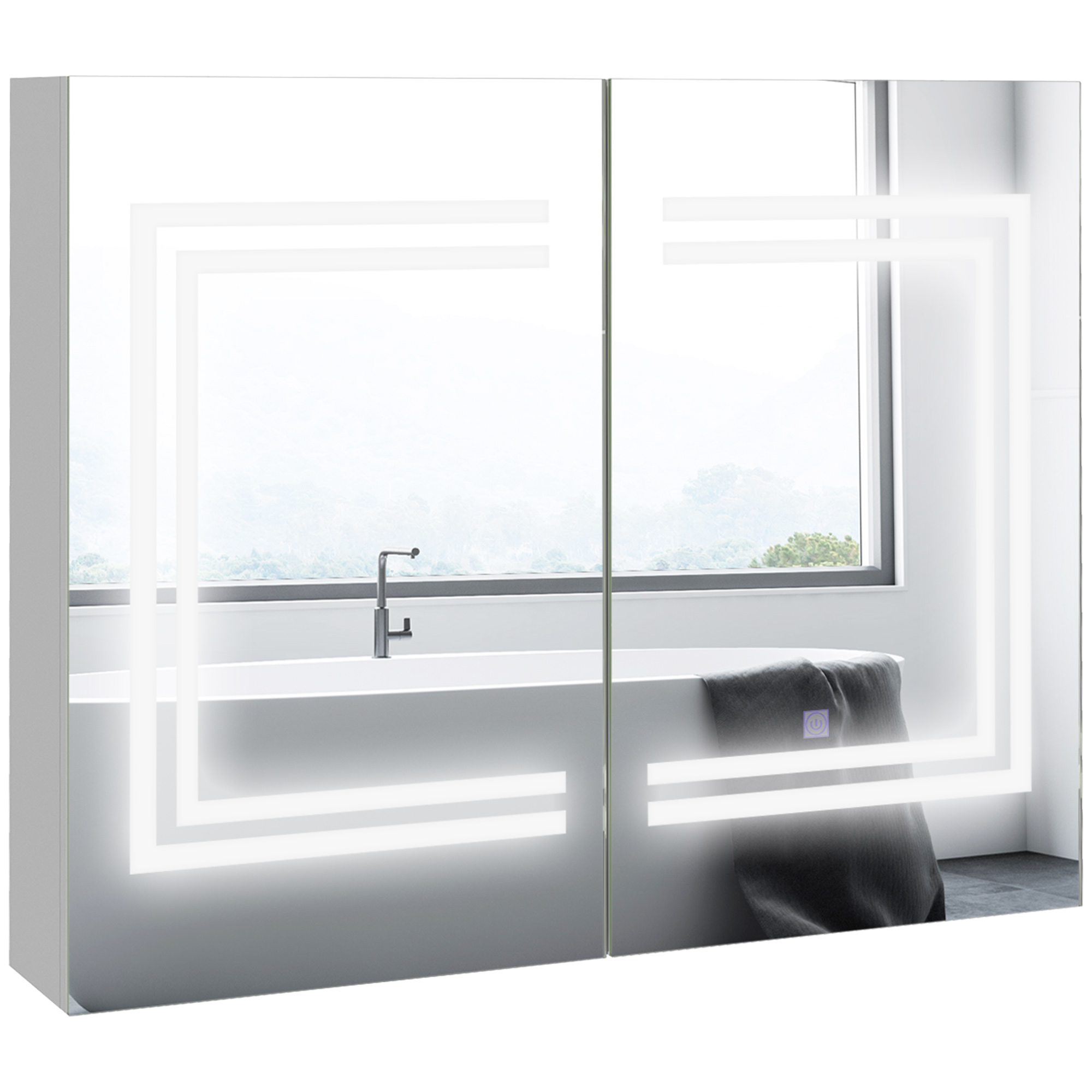 kleankin Armario de Baño con Espejo y Luz LED Mueble de Baño Colgante con 2 Puertas Estantes Ajustables Interruptor Táctil y Color de Luz Ajustable 80x15x65 cm Blanco Brillante