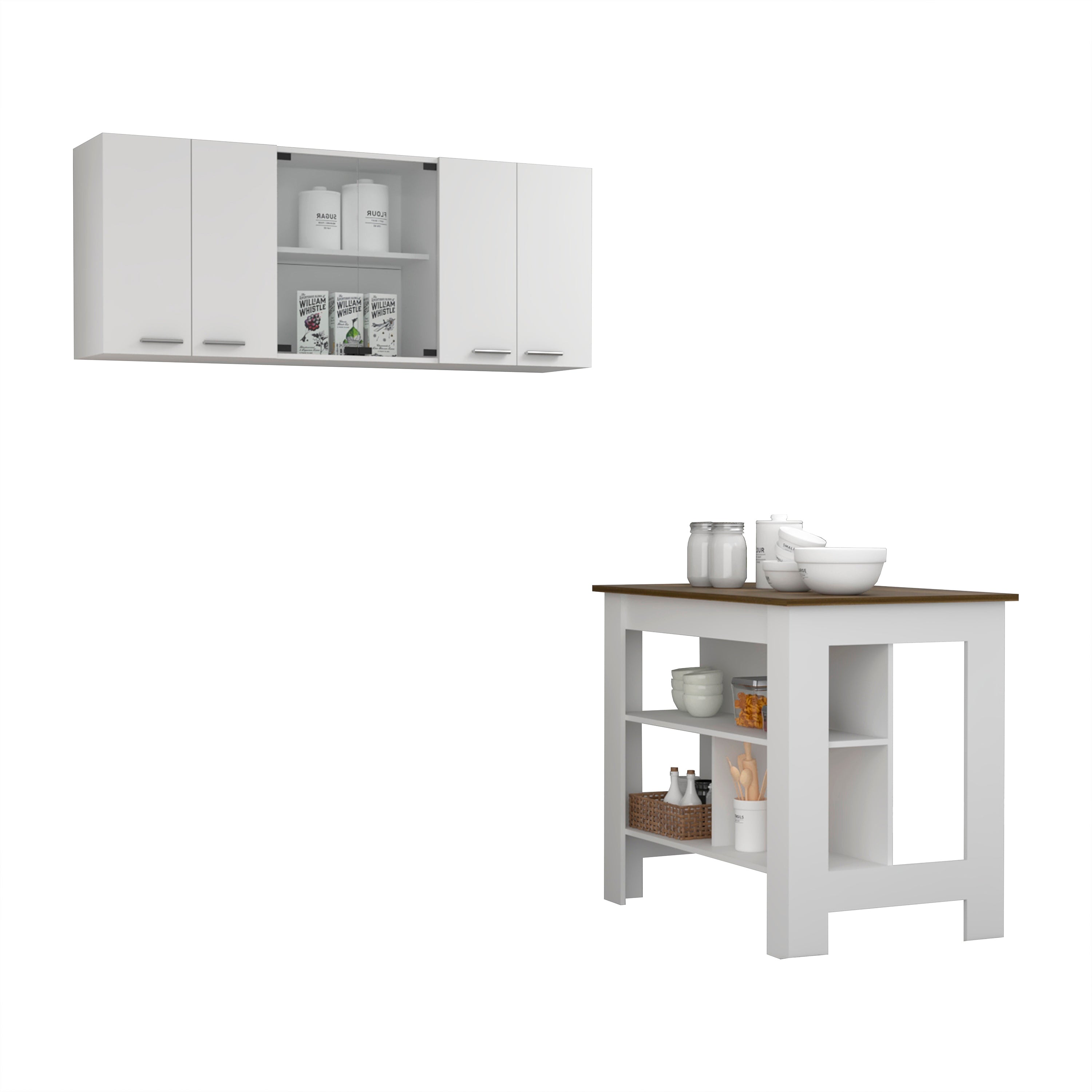 TUHOME Conjunto Norfolk de Cocina, Isla de Cocina + Mueble de Pared para Cocina, Blanco / Caramelo