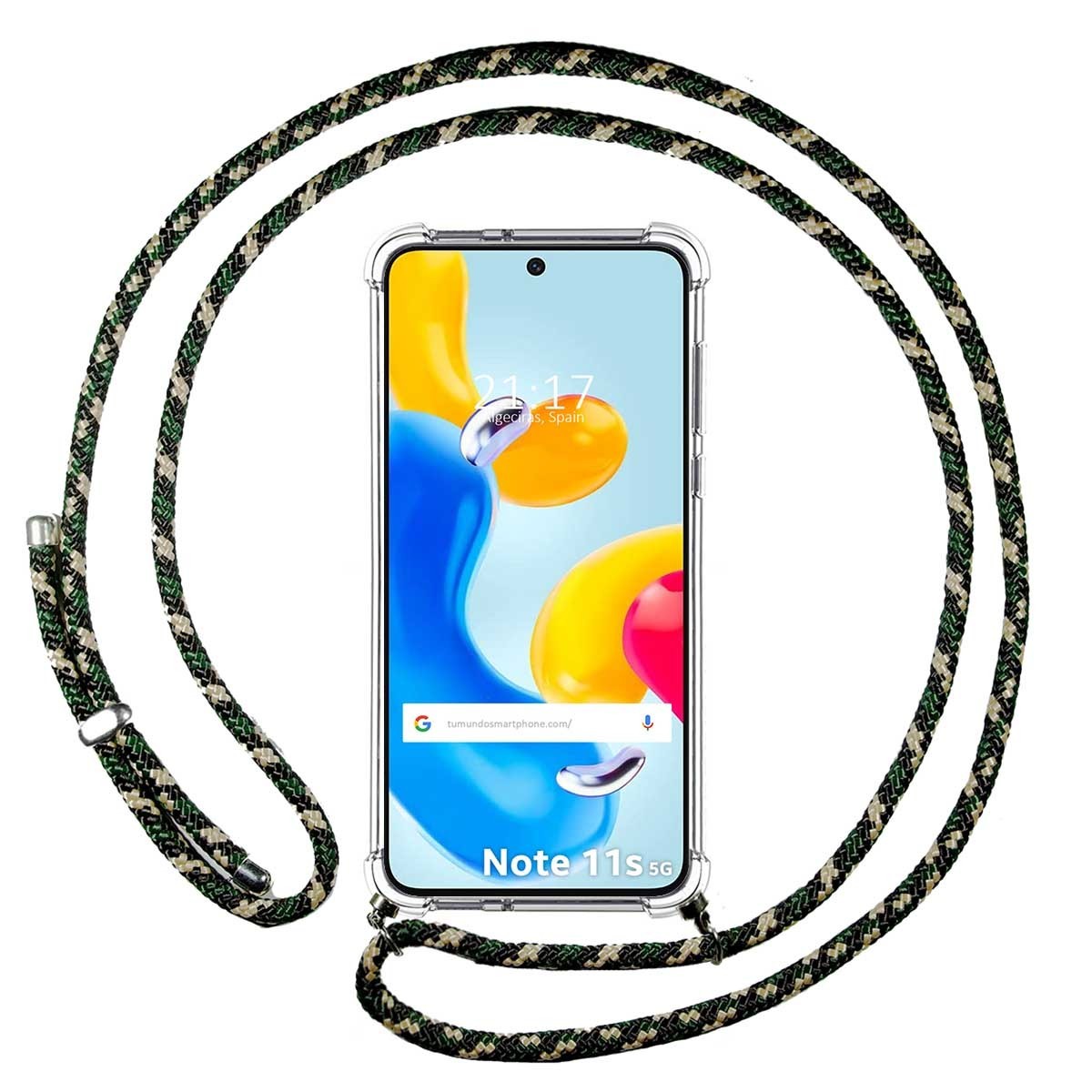 Funda Colgante Transparente para Xiaomi Redmi Note 11s 5G con Cordon Verde/Dorado