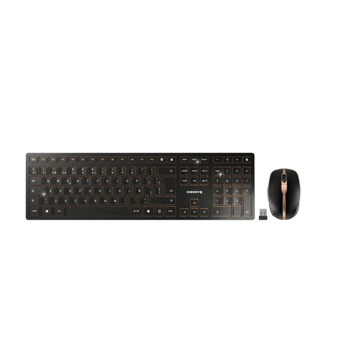 Teclado y Raton (Pack) Universal, hogar Mecanismo de tijera Ratón Óptico Cherry JD-9100ES-2  | Bluetooth, Teclado numérico, Negro/Bronce