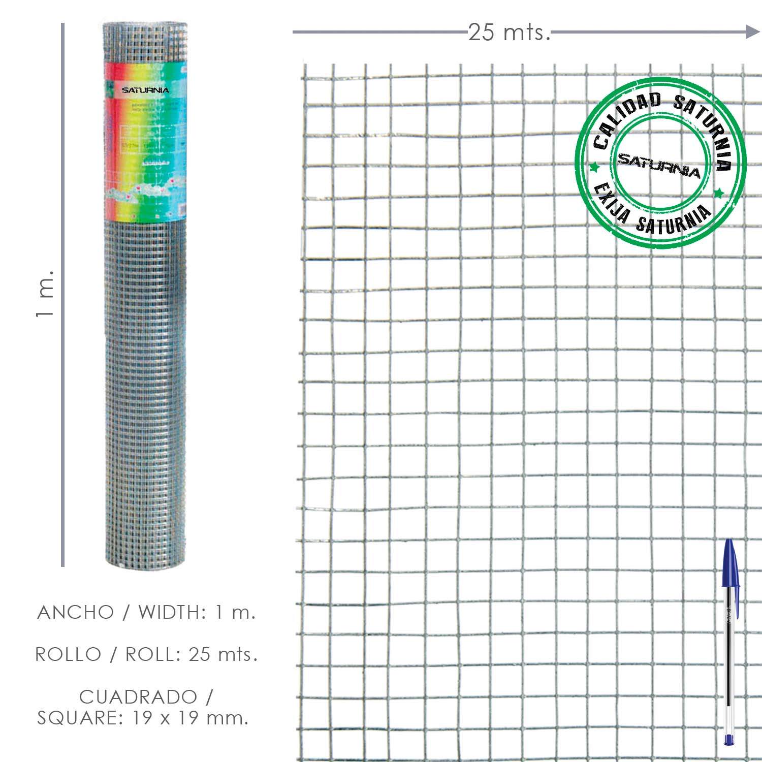 SANCO STORE - SATURNIA Malla Electrosoldada Galvanizada 25x25 / 1,60 / 100 cm. GD Rollo 25 metros.