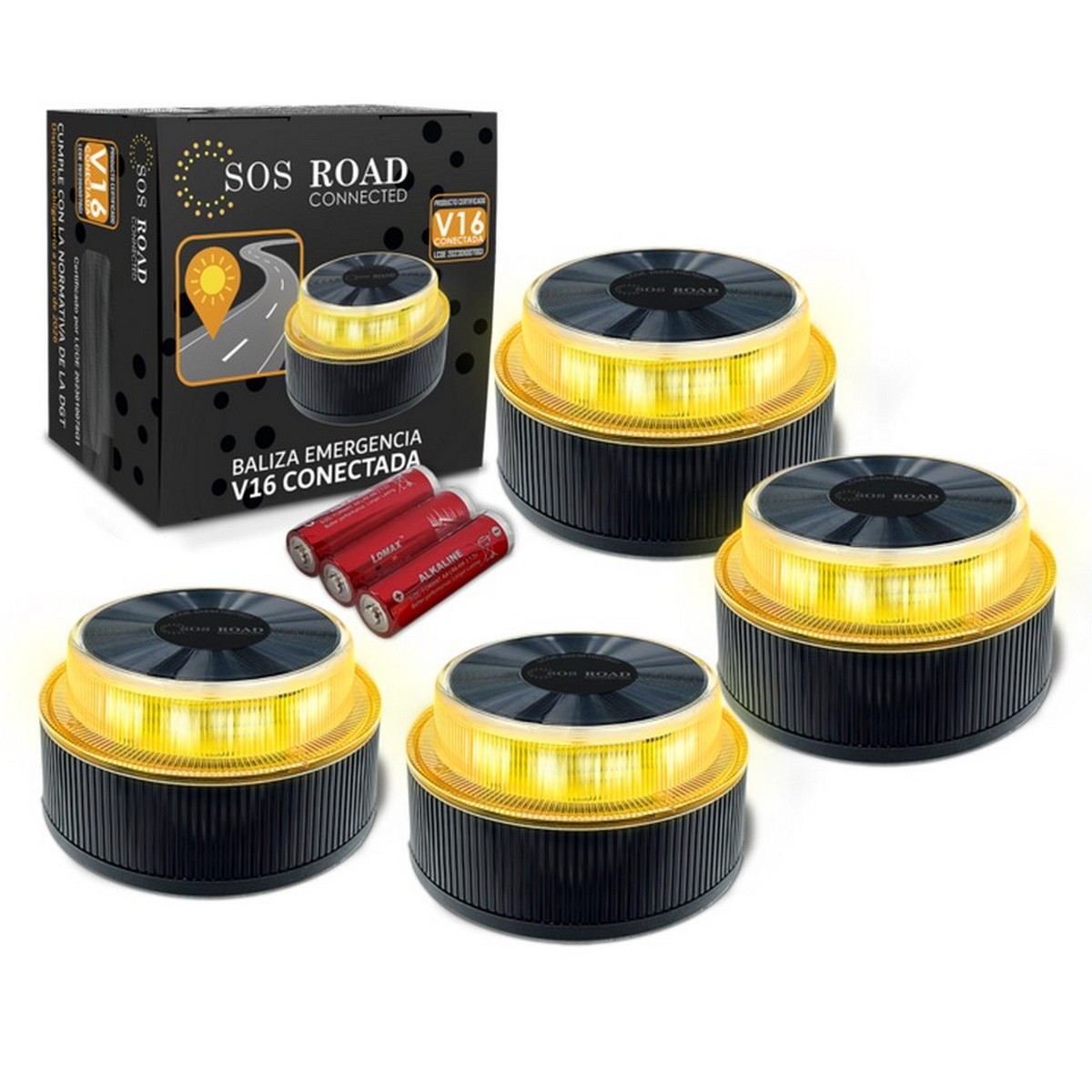 SOS Road Connected - Luz de Emergencia con Geolocalización para Coche Homologada DGT 3.0 (Obligatoria) - Baliza v16 con Plan de Datos Grauítos hasta 2038 - Base Magnética - Resistente al Agua y Polvo