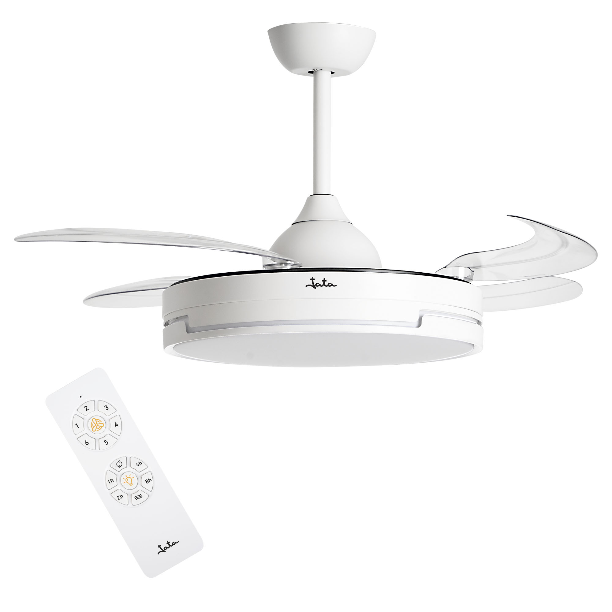 Ventilador de techo con luz con aspas retráctiles JATA JVTE4240. 6 Velocidades. Función Reverse Invierno / Verano. Luz LED con 3 intensidades. Motor DC. Con Mando. Diámetro con aspas: 90 cm. 7453,2 m3/h.