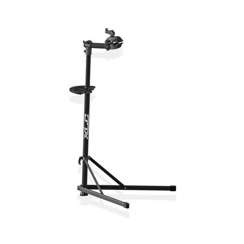 XLC - Soporte de montaje plegable TO-S83 para bicicletas, telescópico con depósito de herramientas, altura ajustable 105-150 cm, superficie 80x85 cm, abrazadera Ø55 mm, dimensiones plegado 1000x60 mm