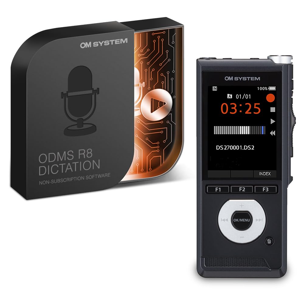 OM System DS-2700 Dictáfono Digital Profesional, Grabadora de Voz con Control Deslizante y Memoria Expandible, Incluye Batería Recargable y Software de Transcripción ODMS R8 para PC