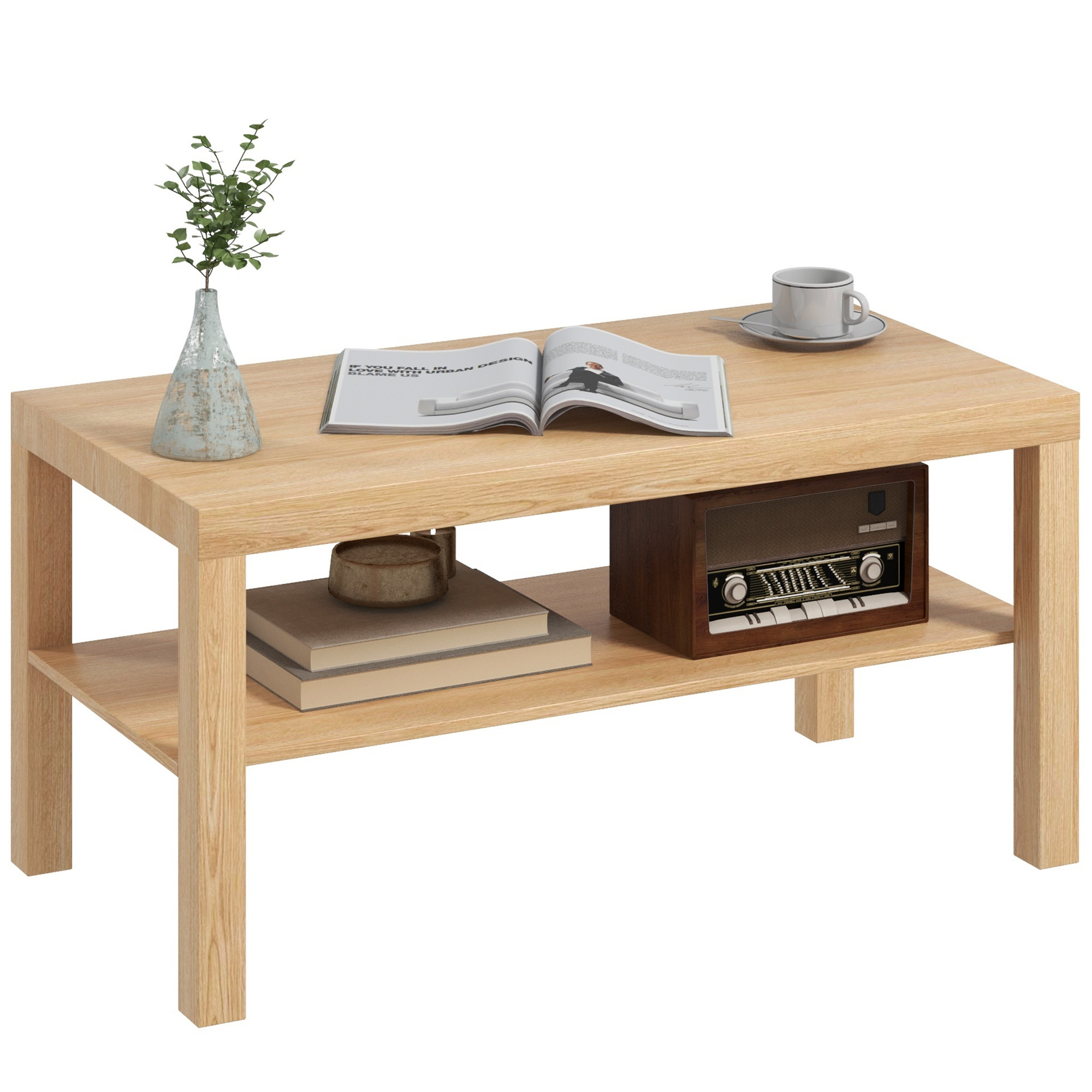 HOMCOM Mesa de Centro, Mesa de Café para Salón con Estante Abierto, Tablero Grueso, para Sala de Estar, Comedor, Oficina, 90x45x44,5 cm, Natural