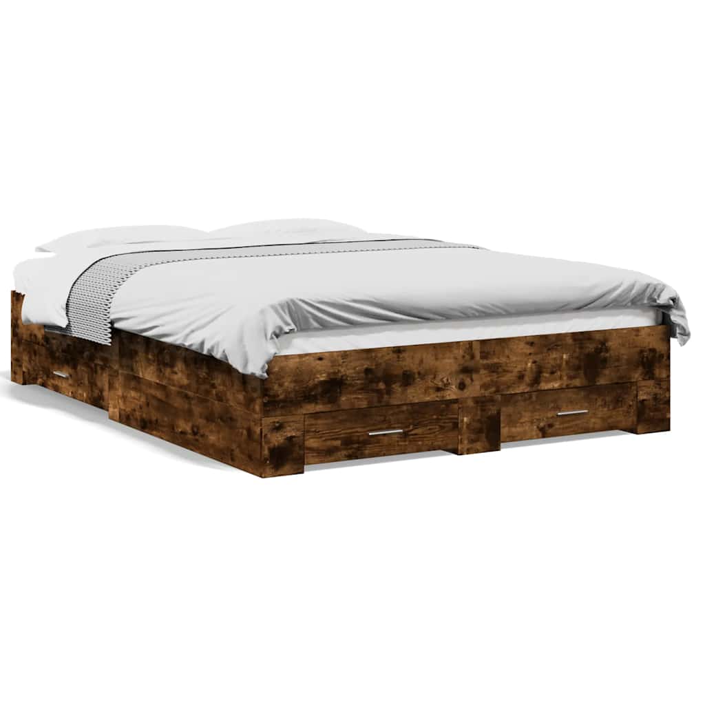 vidaXL Cama con cajones madera de ingeniería roble ahumado 135x190 cm