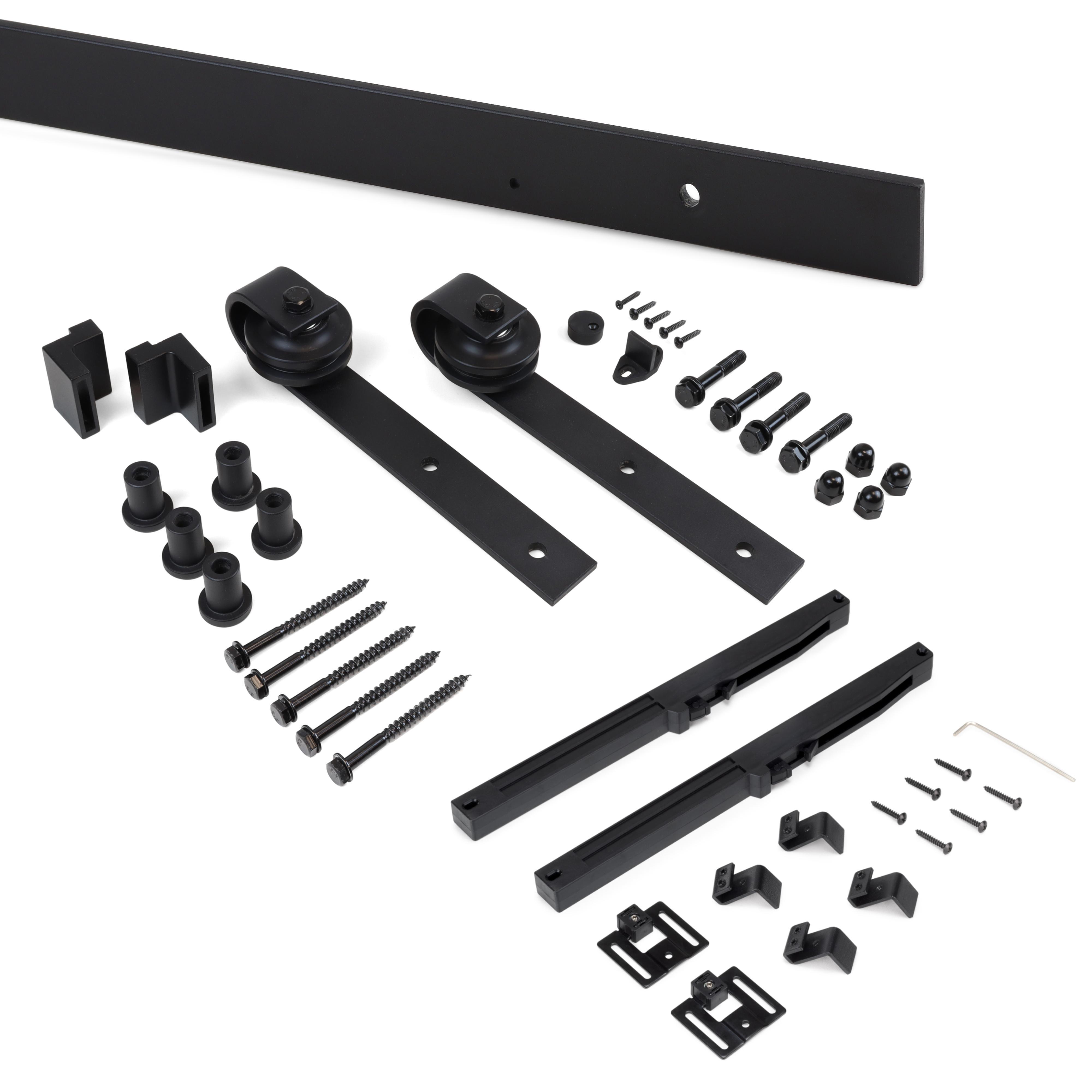 Kit de herrajes para una puerta corredera colgada de madera barn, con cierre suave, tableros no incluidos, acero y plástico, pintado negro