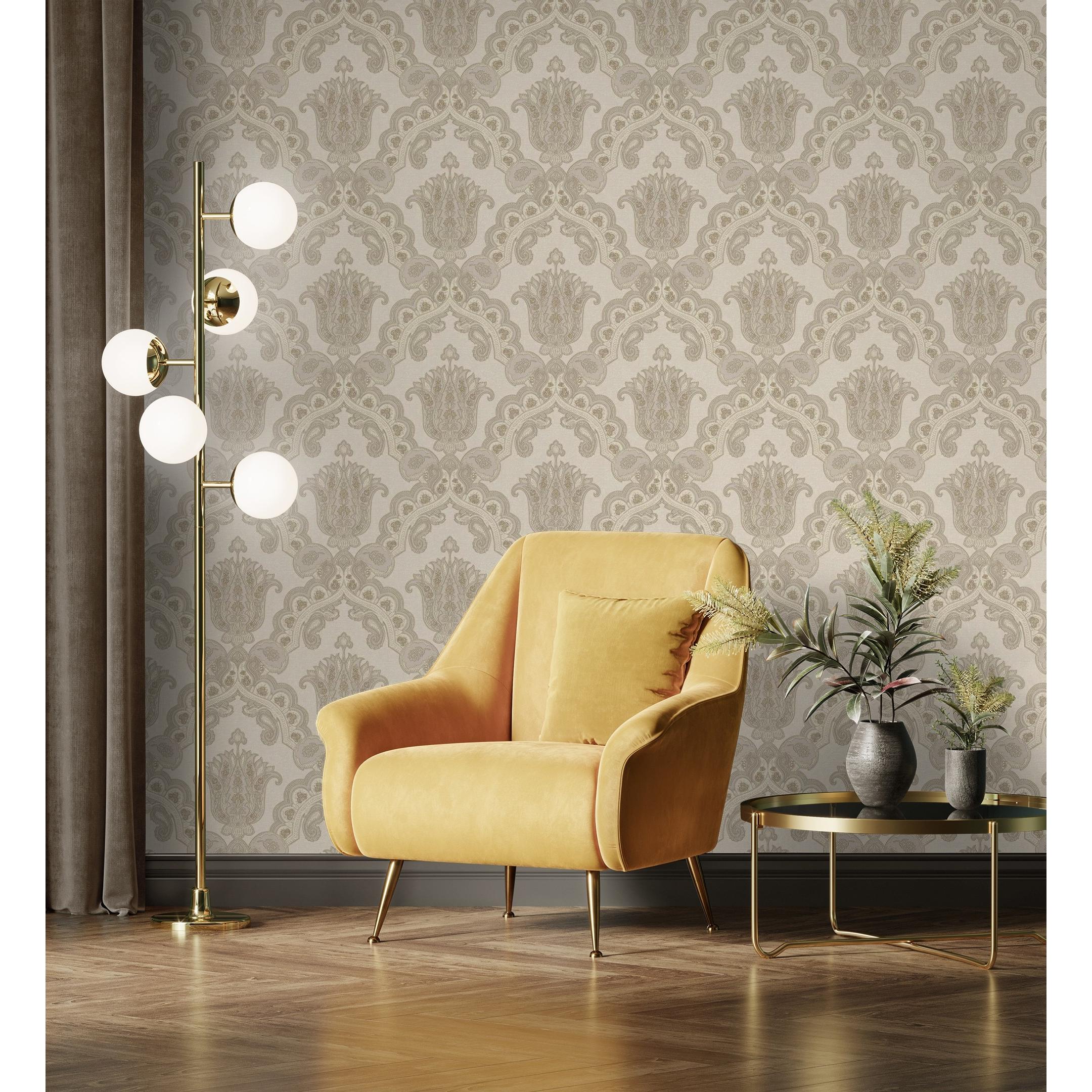 Papel pintado vinílico de damasco hindú efecto textura de tela tejida en relieve - Alexander Damask 676431 de GAULAN - Rollo de 10 m x 1,06 m