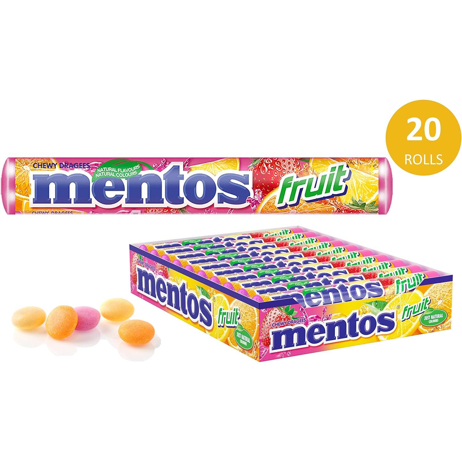 Caramelos Mentos Fruit - Fresa Mix - Rainbow - Discovery - Menta - Caramelo Masticable Mentos Caja 20 Tubos de 38 gr - Caramelos Mentos Surtidos