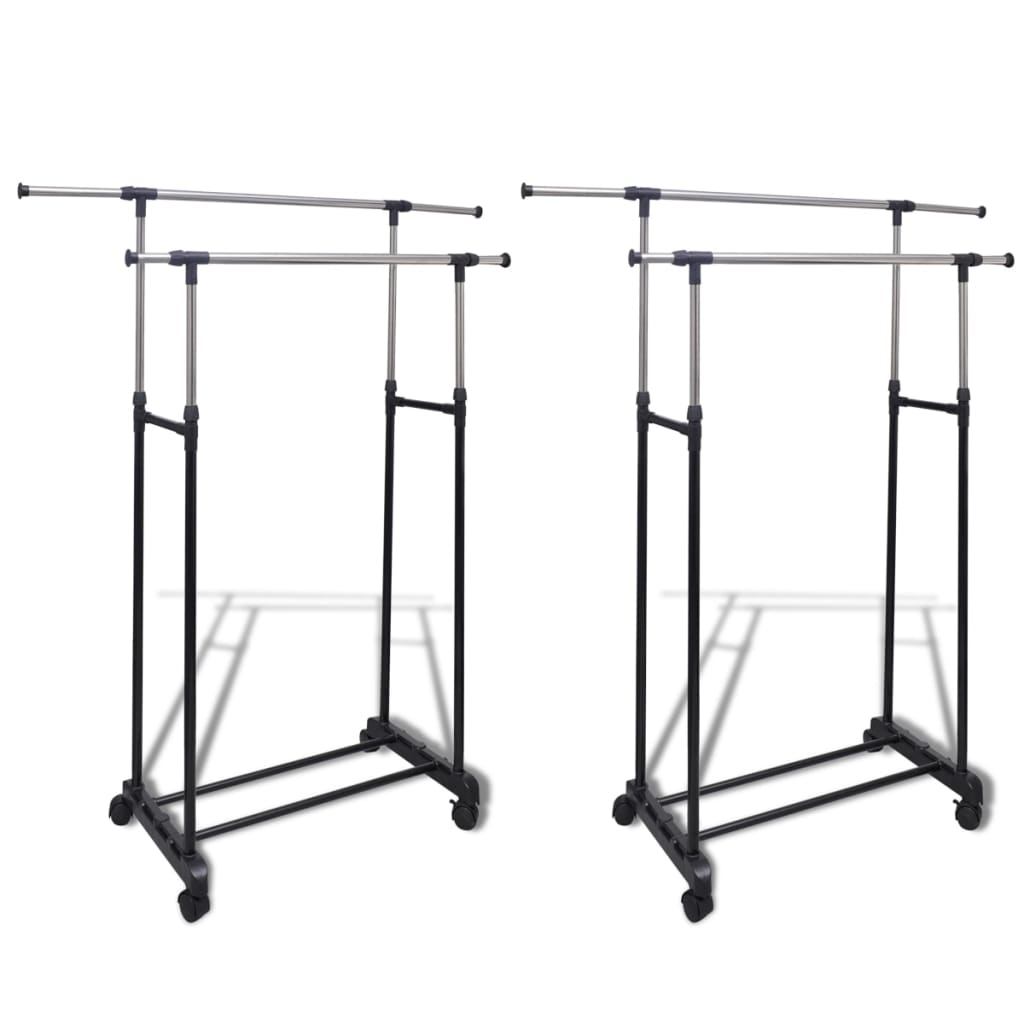 vidaXL Burros Perchero Ajustable para Ropa (2 unidades) Acero Inoxidable Plástico Negro Modelo 1 riel colgante, 2 rieles colgantes
