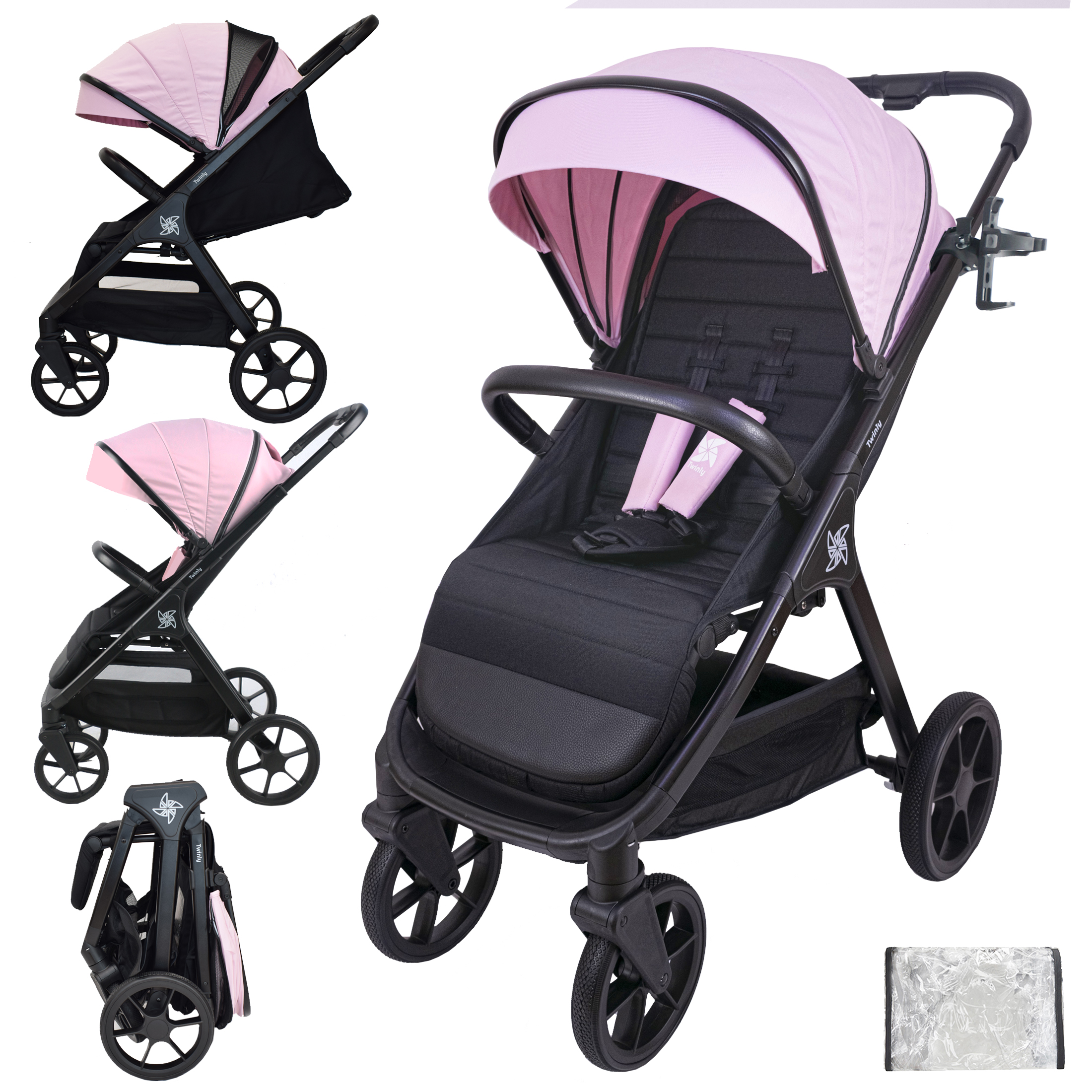 Twinly - Silla de Paseo bebé hasta 22kg plegable SPACELY, Carrito ligero bebe Grande y Cómodo, Plegado fácil una mano, Capota XXL UPF 50 incluye plástico de lluvia, cochecito reclinable