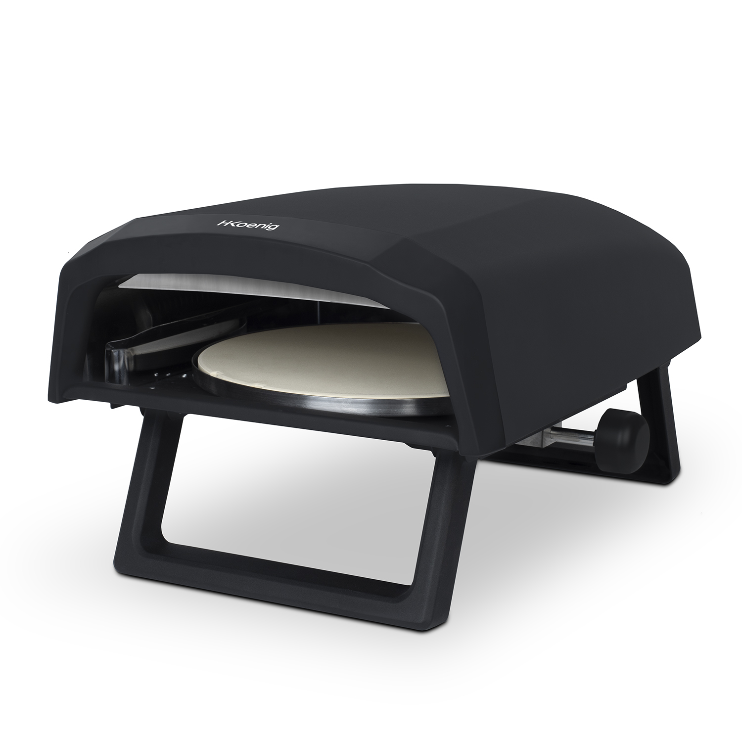 h.koenig horno de pizza a gas gino640, acero inoxidable, 32 cm, superficie giratoria 360 grados, piedra cordierite, hasta 500°c, pies plegables, pala para pizza y regulador