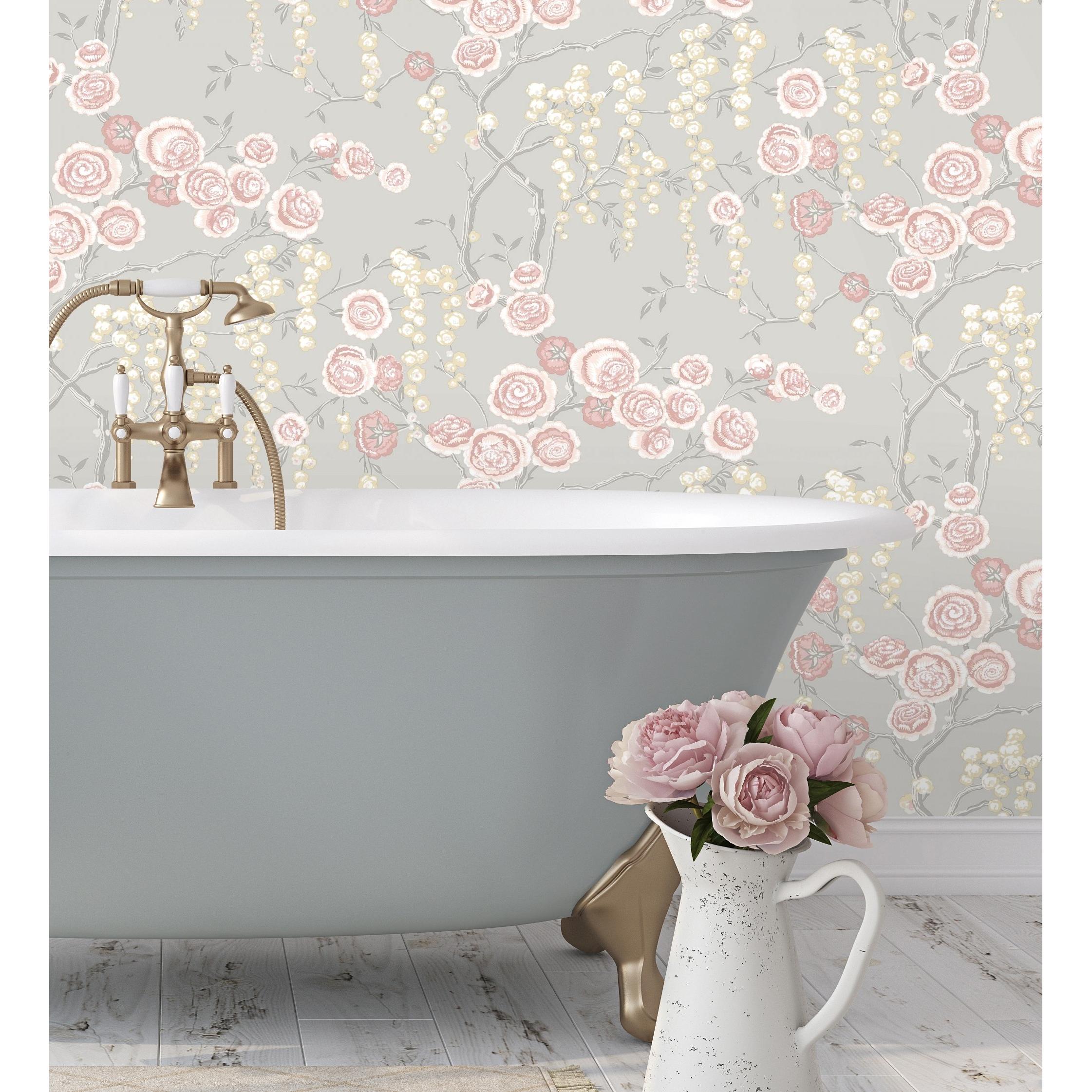 Papel pintado vinílico ecológico rosas coral y amarillas fondo gris claro - Olivia Bloom 679679 de GAULAN - Rollo de 10 m x 0,53 m