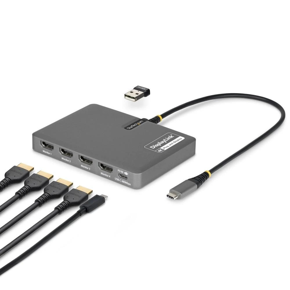 StarTech - Hub adaptador QUAD-USB-HDMI-ADAPT con 4 salidas HDMI 4K a 60 Hz, Power Delivery 140 W y puerto USB-A 2.0, color gris
