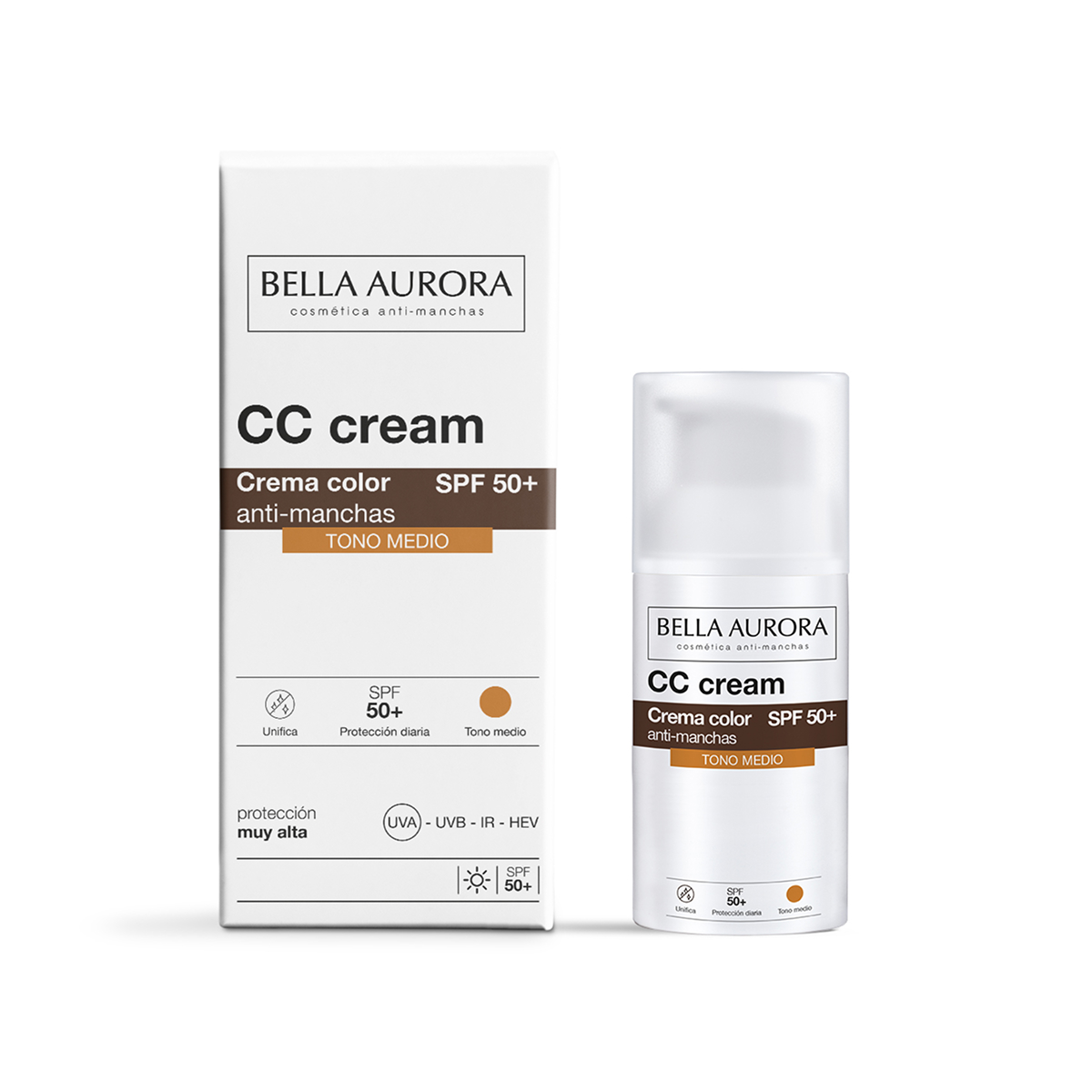 Bella Aurora CC Cream Antimanchas SPF50+ con Color | Tono Medio | Piel Normal a Seca | Protección Solar y Cobertura | Unifica el Tono | 30 ml