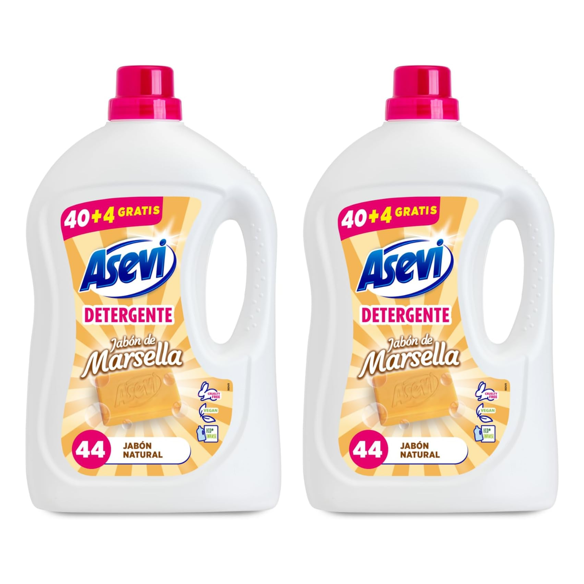 Pack Ahorro de dos Botellas Asevi Detergente Marsella - Fórmula Concentrada para Ropa Blanca y de Color - 44 Lavados con Jabón Natural - Suavidad, Limpieza y Aroma Clásico