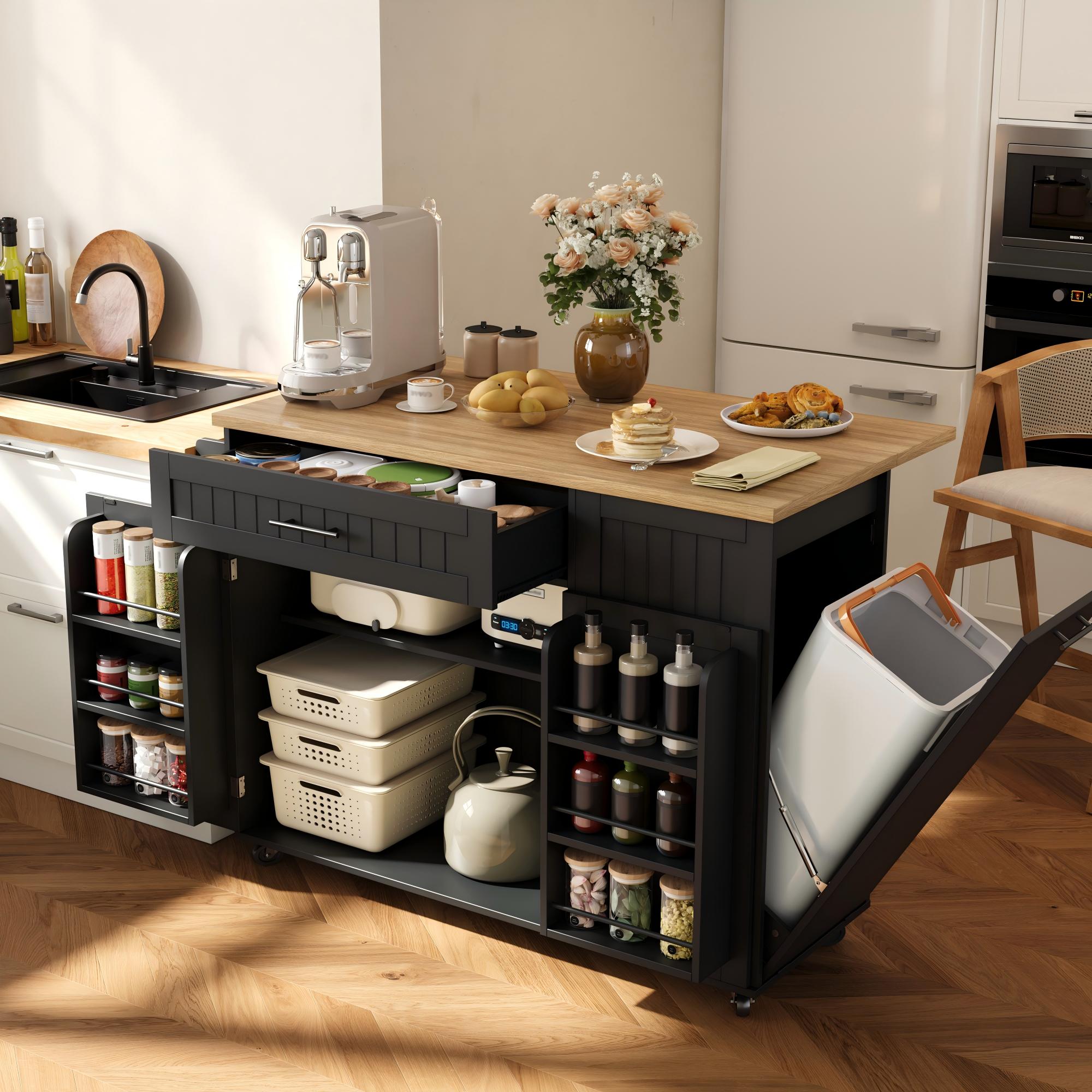 Îlot de cuisine mobile noir avec plateau rabattable, rangements, compartiment pour poubelle et roulettes verrouillables