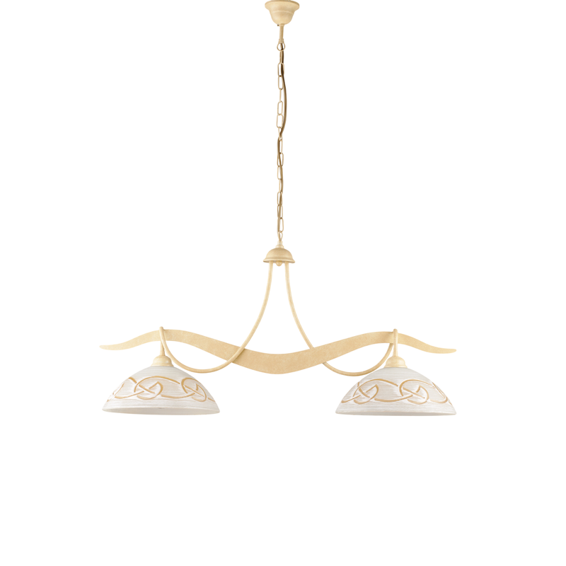 Bilbao - Lámpara de hierro lacado en marfil con decoración. Efecto decapé y difusores de cristal d. 30 blanco y ámbar 2 luces L. 89 X 30 - Belight