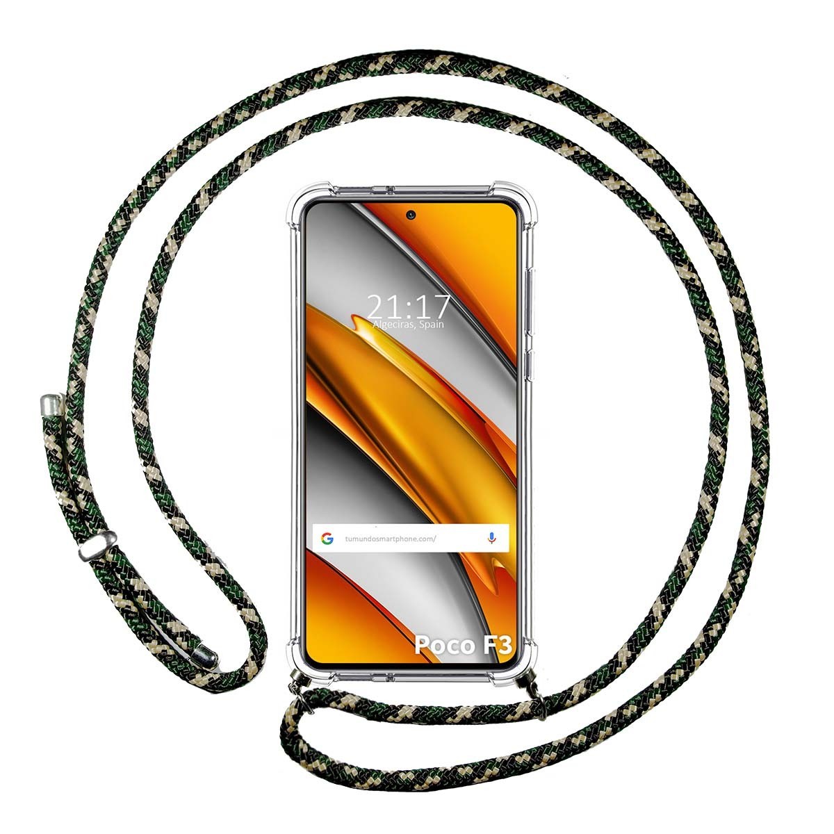Tumundosmartphone Funda Colgante Transparente para Xiaomi POCO F3 5G / Mi 11i 5G con Cordon Verde / Dorado
