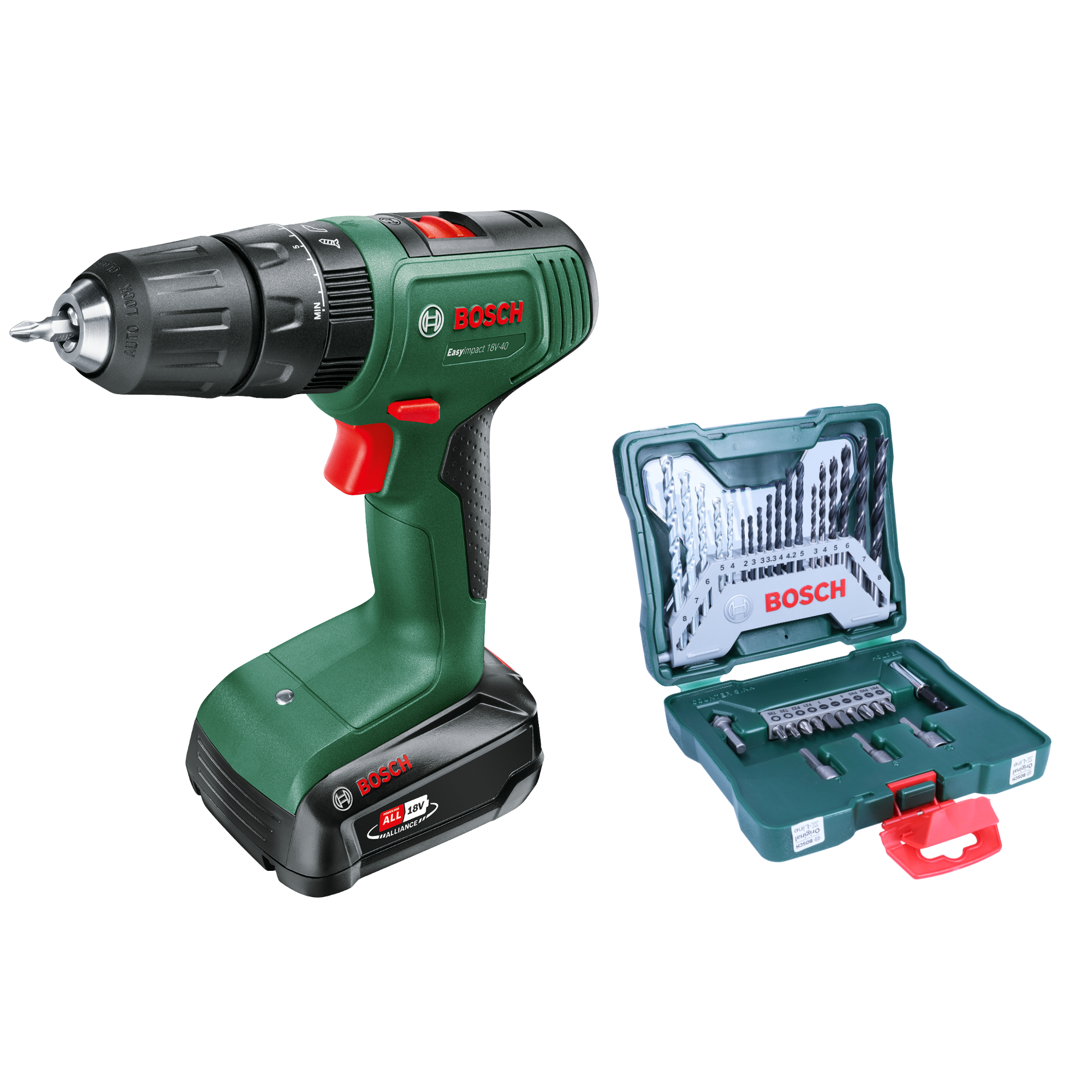 Bosch - Pack Taladro Percutor a Batería + Juego 33 piezas para taladrar y atornillar - EasyImpact 18V-40 - 18V, 40Nm, con 1 Batería 2.0Ah y Maletín