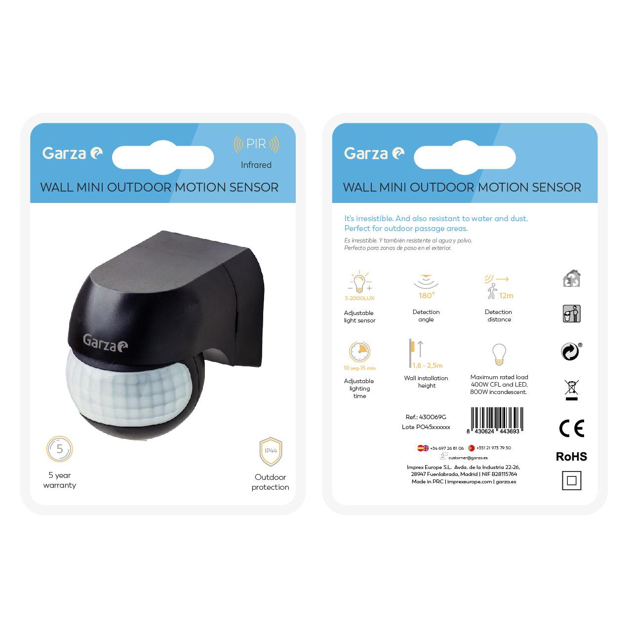 Mini Detector de movimimiento por infrarrojos para interior y exterior, protección IP44, tiempo y luminosidad regulables, ángulo detección 180º, negro