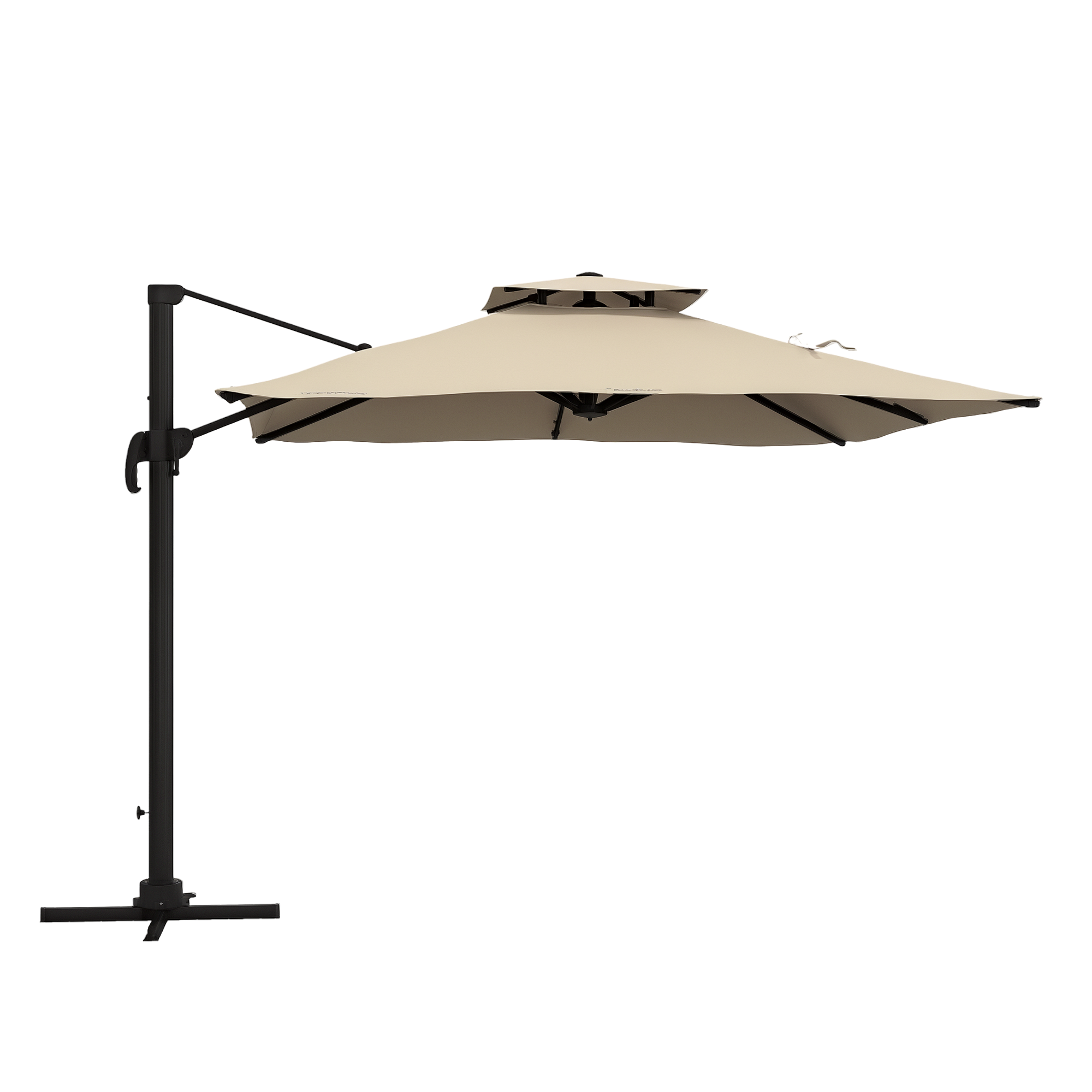 Outsunny Sombrilla de Jardín 300x300 cm Parasol de Aluminio con Manivela Poste Giratorio 360° Doble Techo Inclinable en 6 Posiciones y Base Cruzada Incluida Caqui