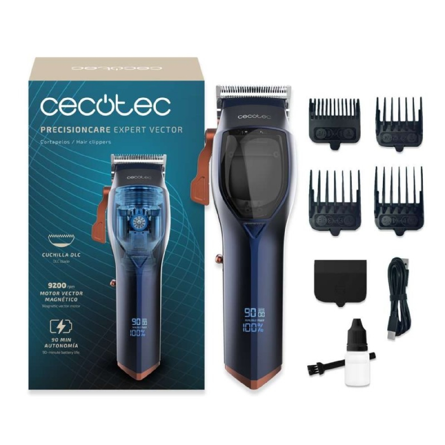 Cecotec Cortapelos con Motor Vector Magnético PrecisionCare Expert Vector. 9200rpm, 4 Peines