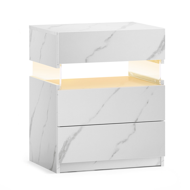 Table de chevet blanche mate avec trois tiroirs, panneau acrylique et éclairage LED RGB