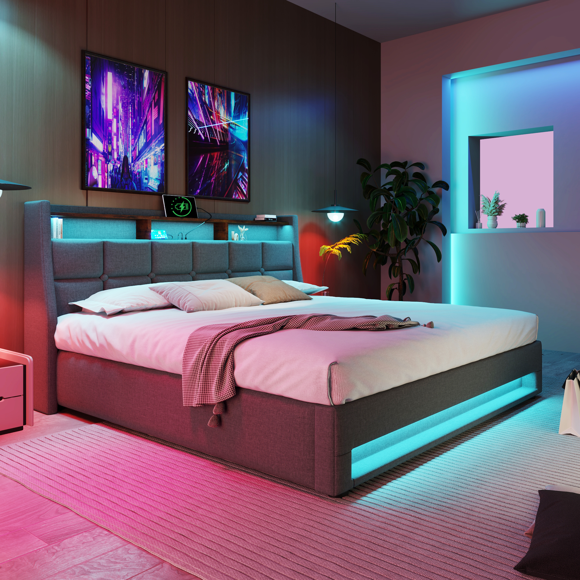 Lit double rembourré gris 140 x 200 cm avec LED, USB, rangement et sommier à lattes
