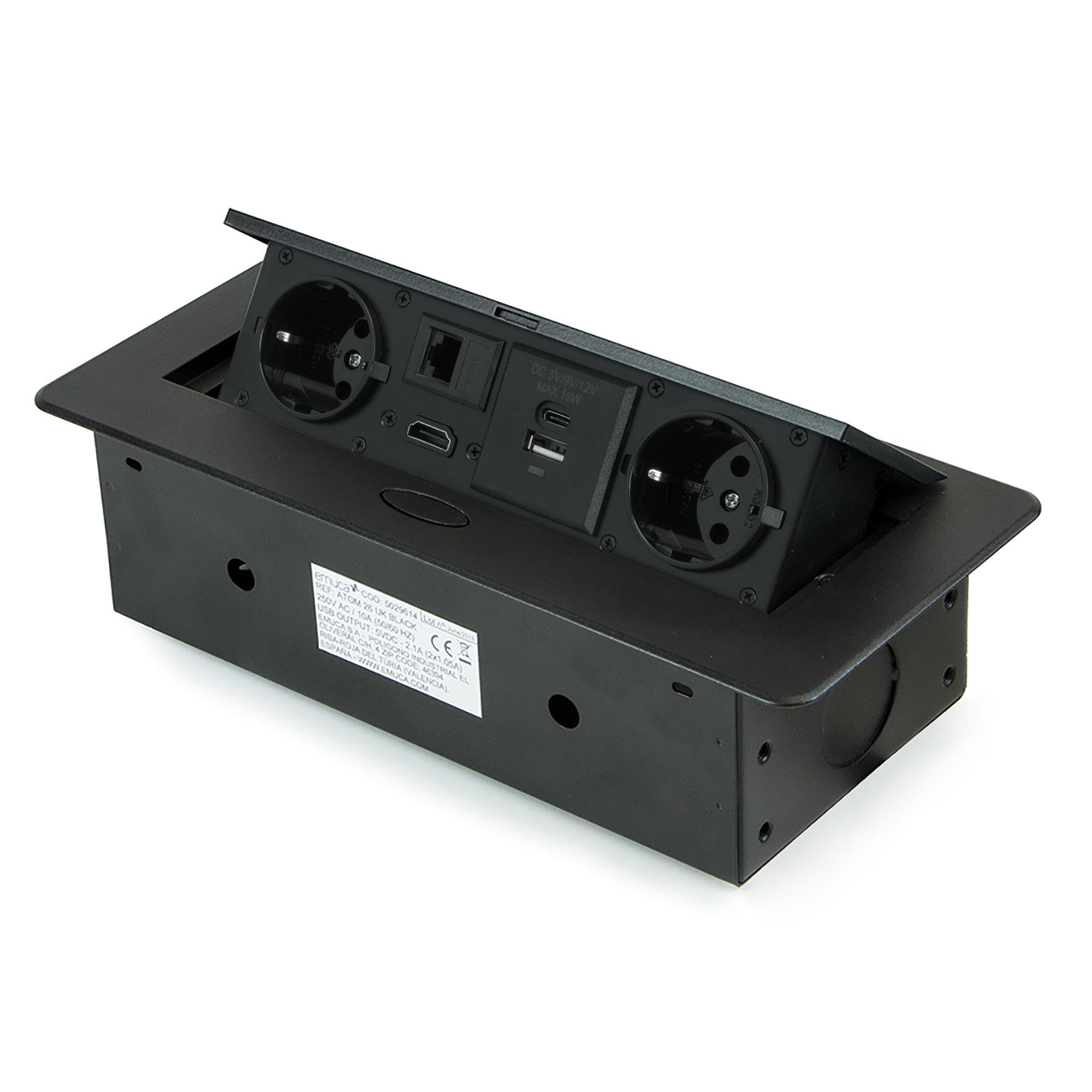 Multiconector atom 26, 225x111mm, 2 enchufes tipo schuko, 1 usb tipo a, 1usb tipo c, 1 rj45, 1 hdmi, zamak-acero-plástico, negro