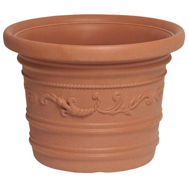 Saturnia macetero resina redondo, color terracota, resistente, ideal exterior, 60 cm diametro.