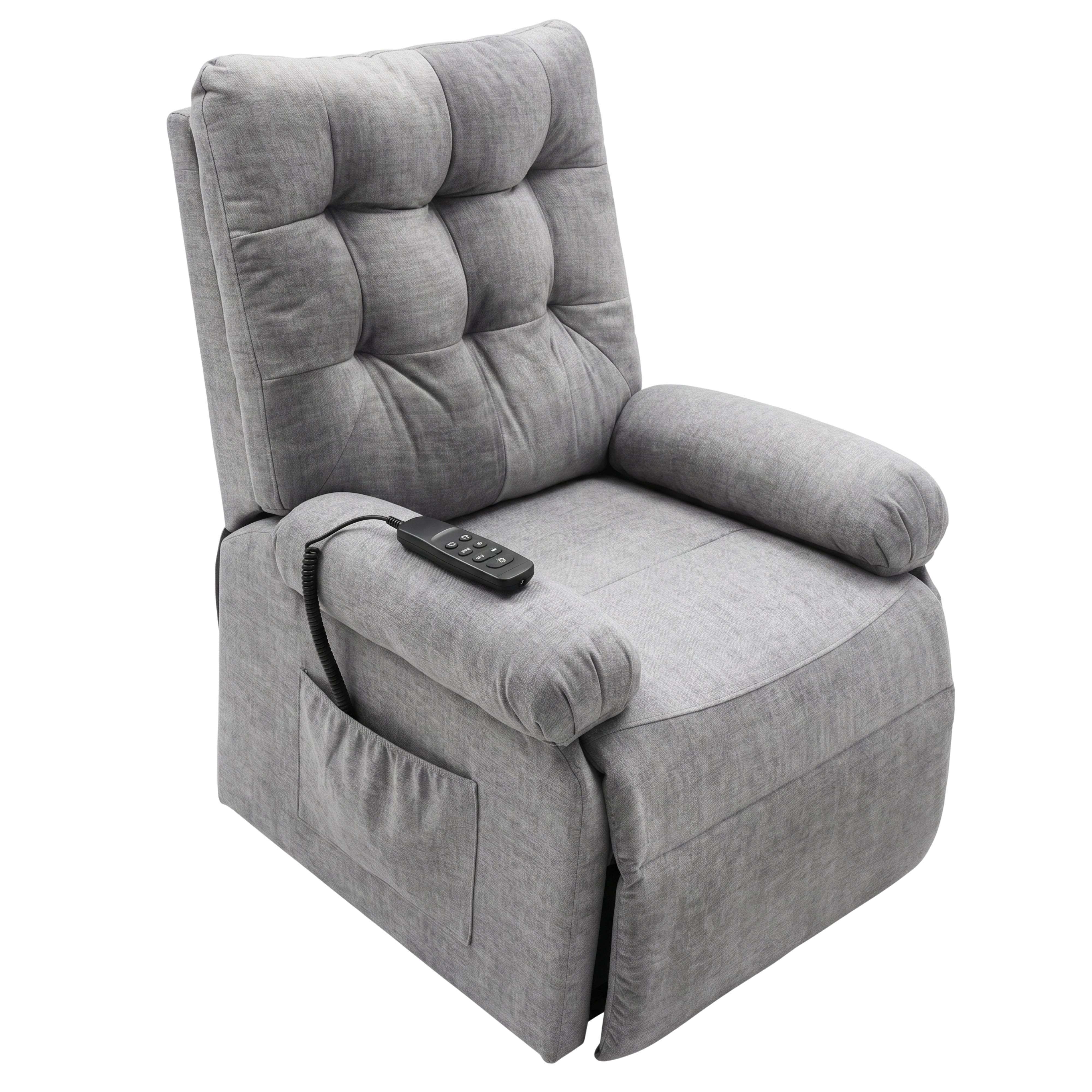 Miroytengo Sillón Reclinable Seren de Sala en color Gris con Mando Control, Bolsillo Lateral y Levantapersonas Tela 90x107x84 cm