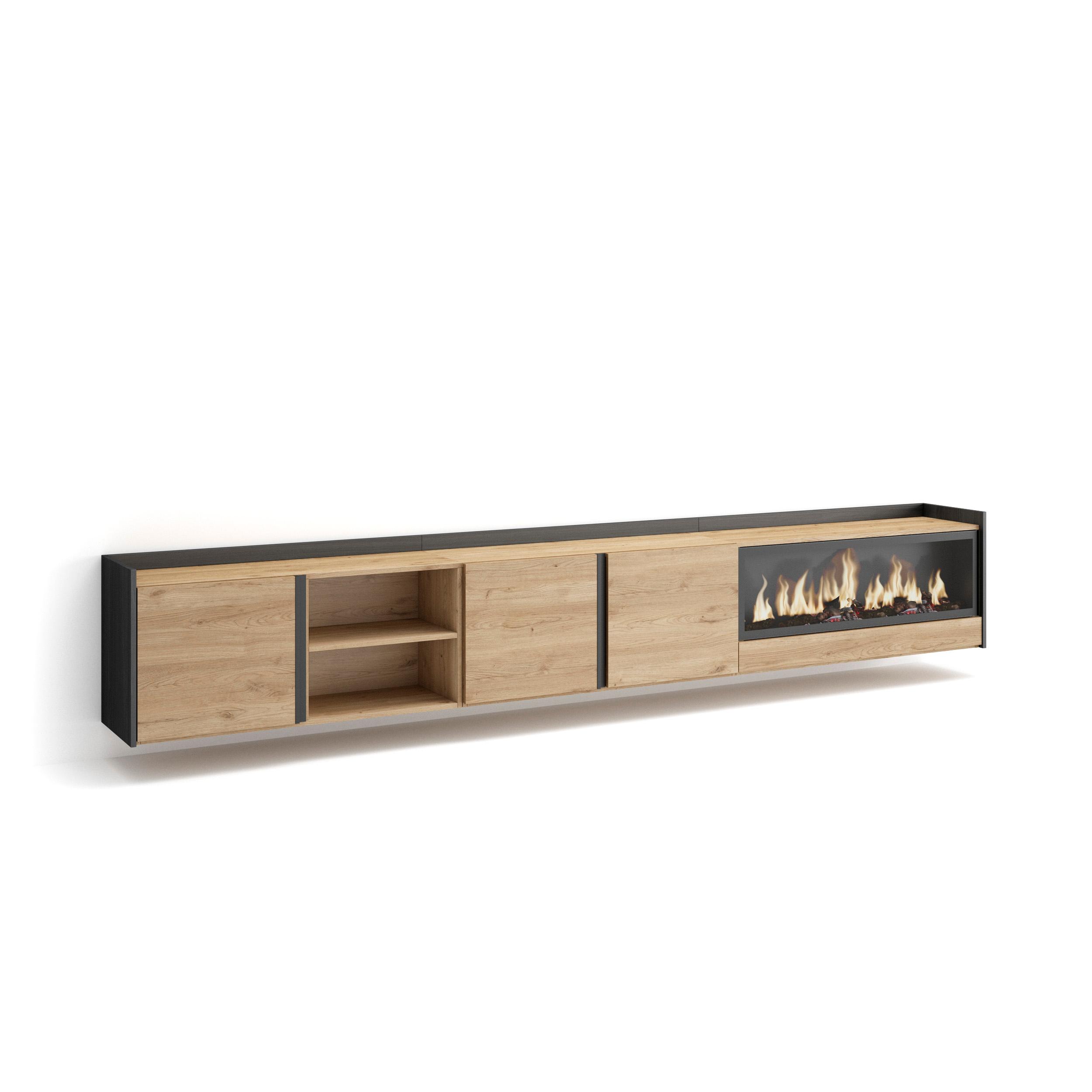 Mueble TV, Televisión, 315x35x50cm, Para TV hasta 80", Chimenea eléctrica XXL, Colgado, Suspendido