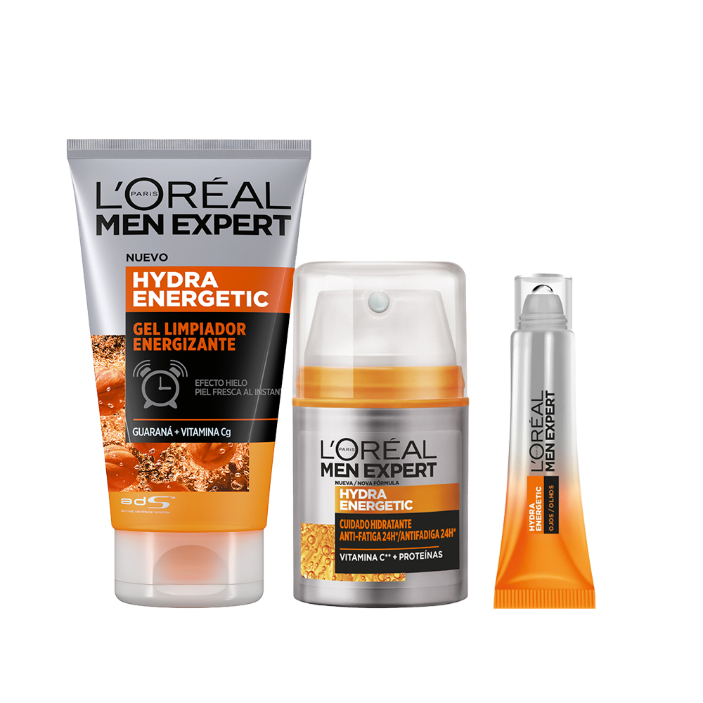 LOréal Paris | Rutina Men Expert Hydra Energetic Crema Hidratante Anti-Fatiga 24h para hombres con Vitamina C y Proteínas - 50 ml + Limpiador facial 100ml + Roll-on Ojos 10ml