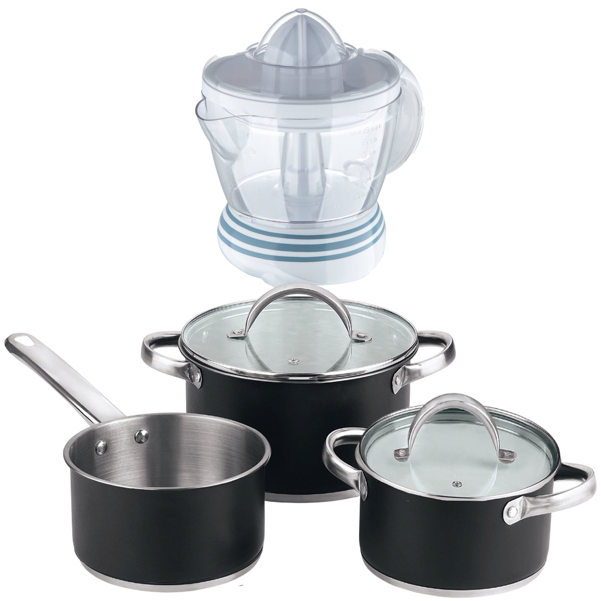 Bateria de cocina 5 pzs (2 cacerolas c/tapa + cazo) acero c/revestimineto+  Delantal de Cocina Gris oscuro 100% Algodón 75x80cm