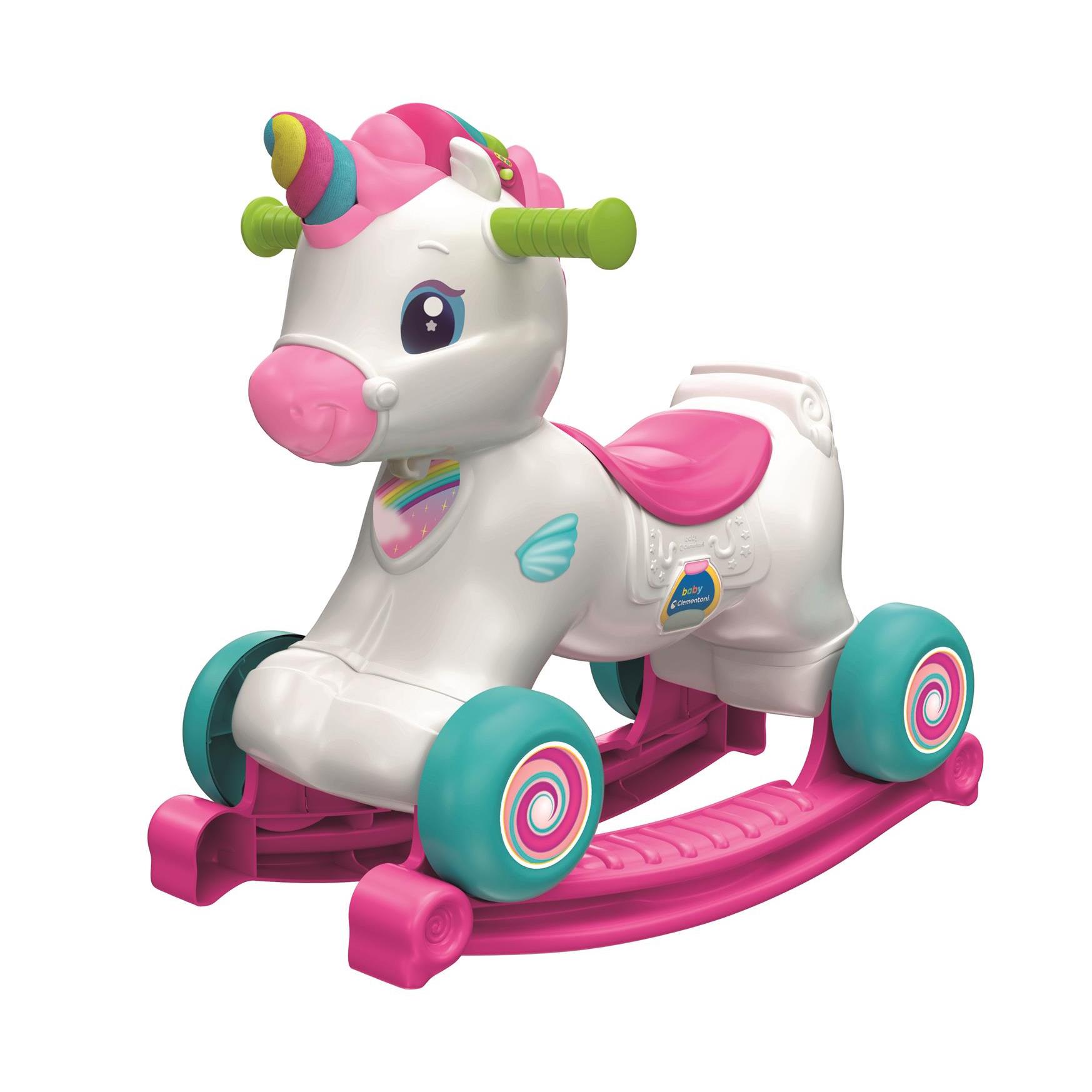 Clementoni 61555 El Unicornio Balancín Unicornio balancín y correpasillos con música, Canciones y contenidos educativos: números, Letras, para bebés a Partir de 12 Meses