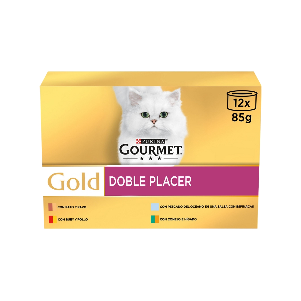 GOURMET Gold Doble Placer (12x85 gr) - Alimento Húmedo Completo para Gatos Adultos (Pato y Pavo, Pescado del Océano con Salsa de Espinacas, Buey y Pollo, Conejo e Hígado)